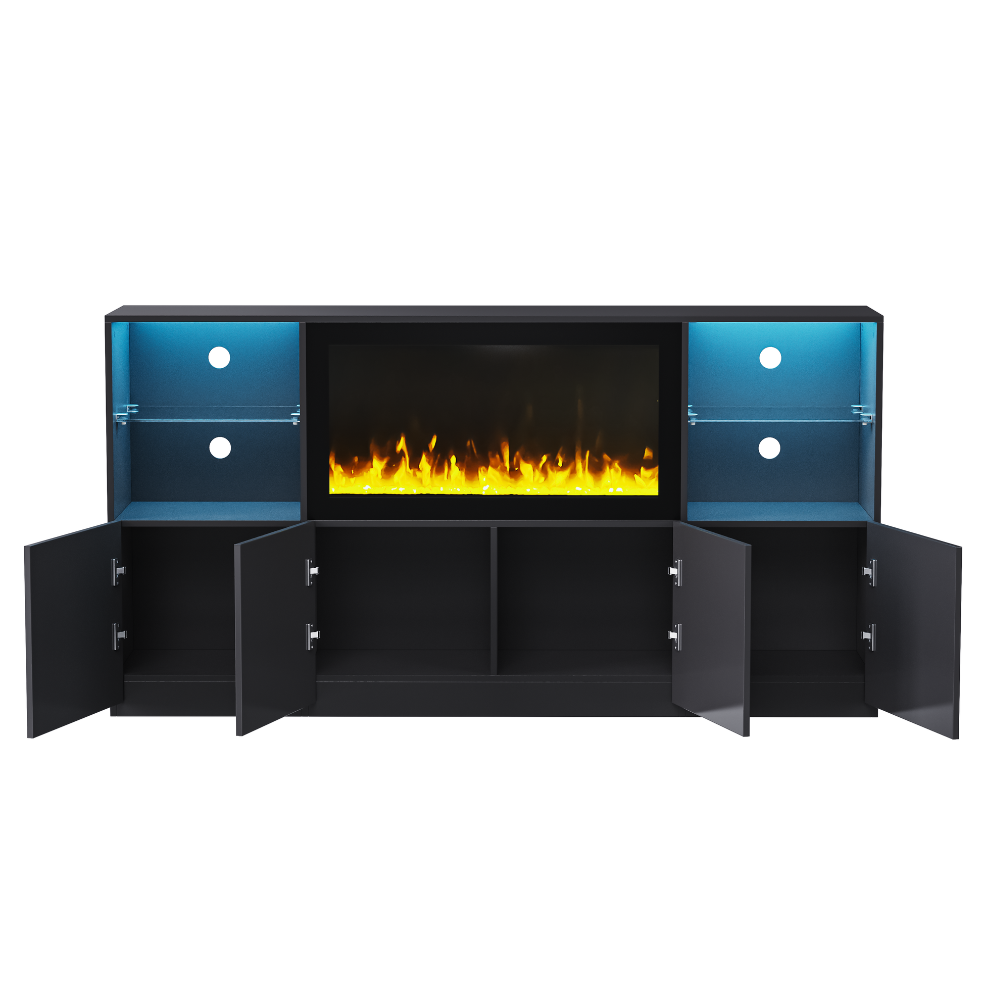 Black media console with fireplace insert and blue LED lighting