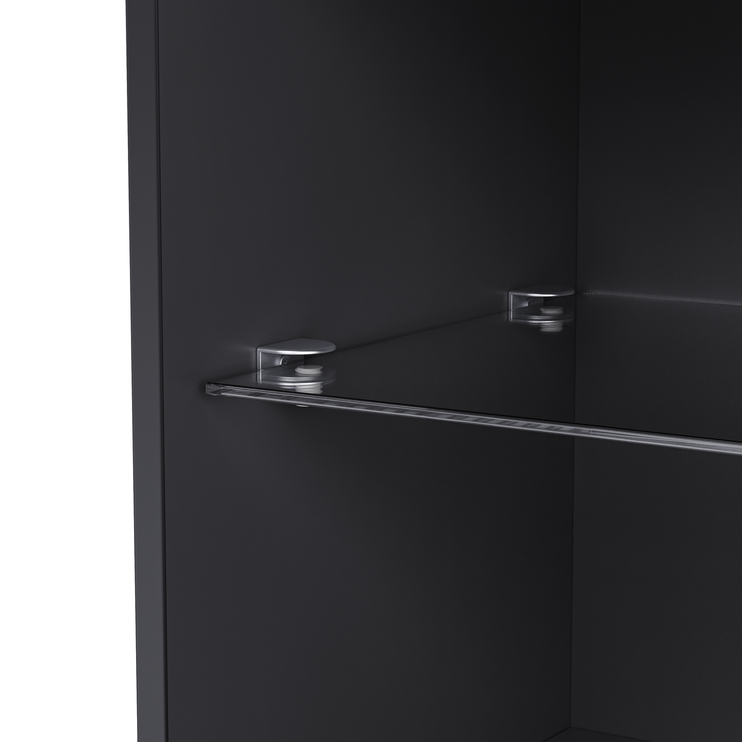 Closeup of a dark gray cabinet interior showing a clear glass shelf on brushed metal supports