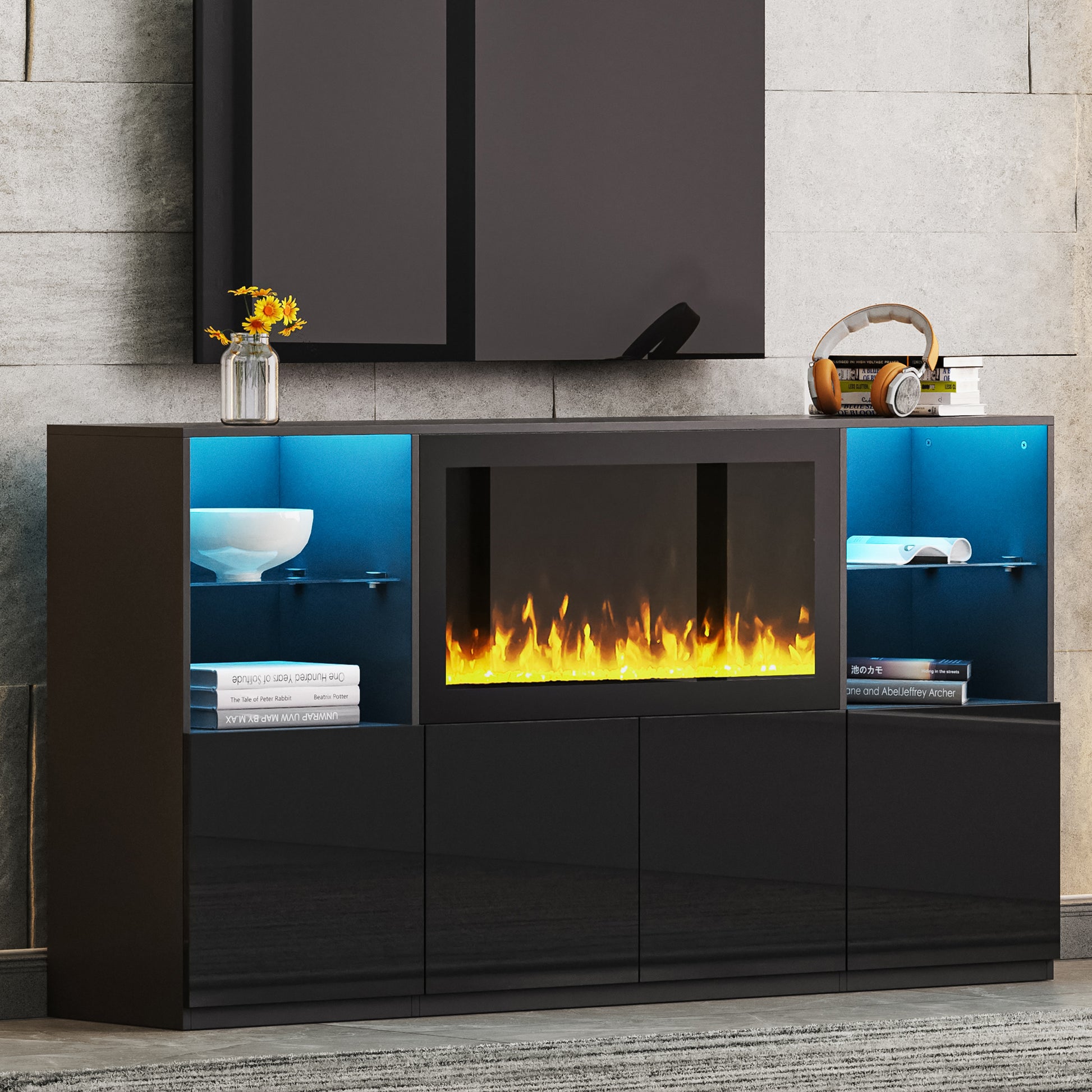 Modern black media console with integrated electric fireplace and blue LED accent lighting