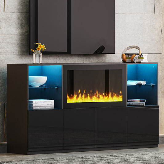 Modern black media console with integrated electric fireplace and blue LED accent lighting