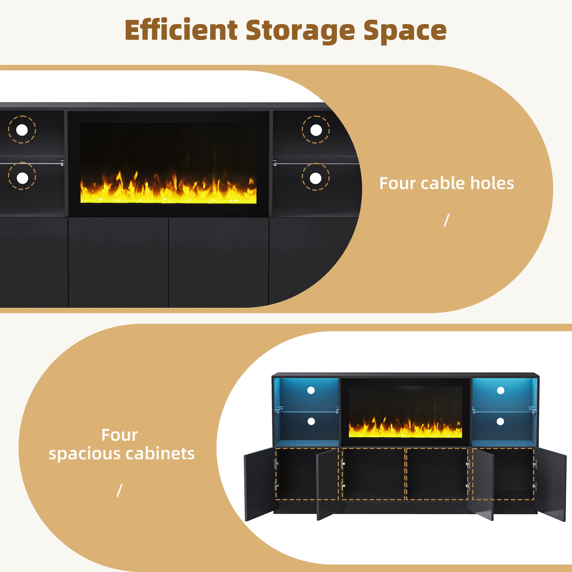 Black media console with electric fireplace and four spacious cabinets