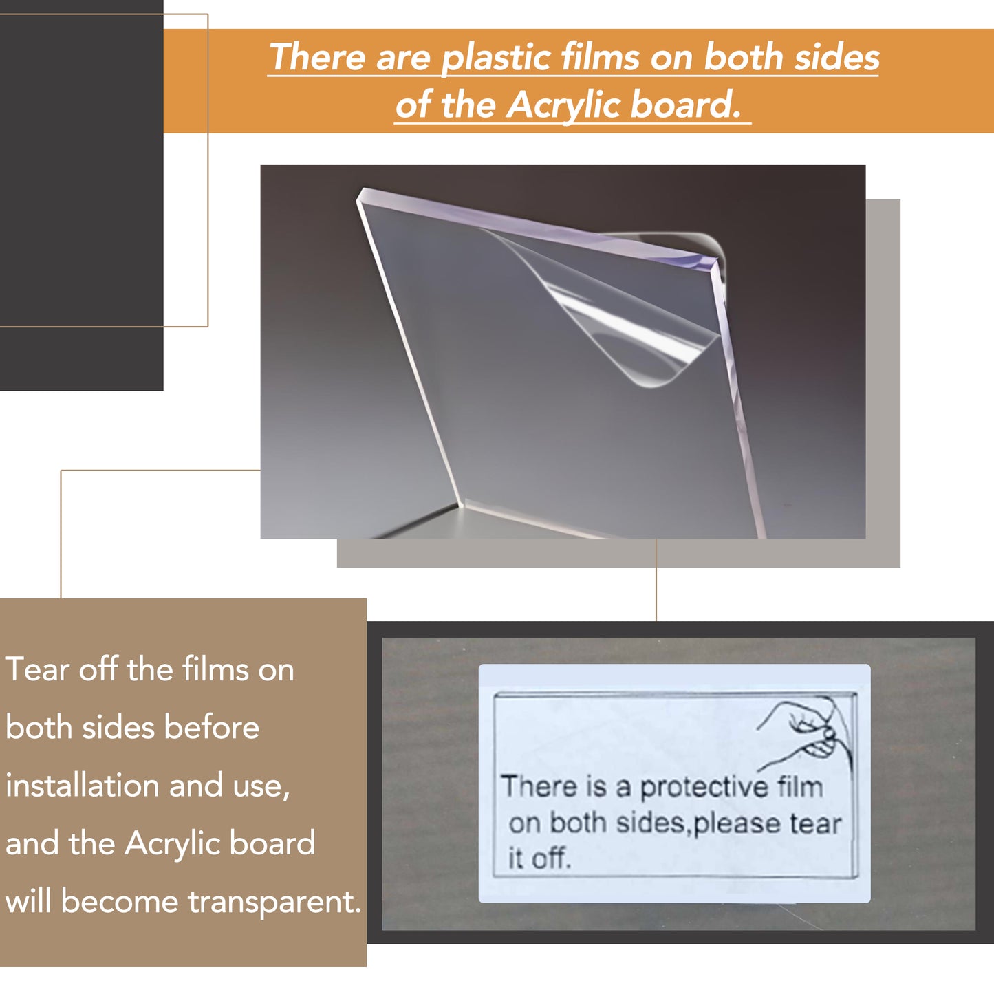 Clear acrylic board with protective plastic film being peeled off