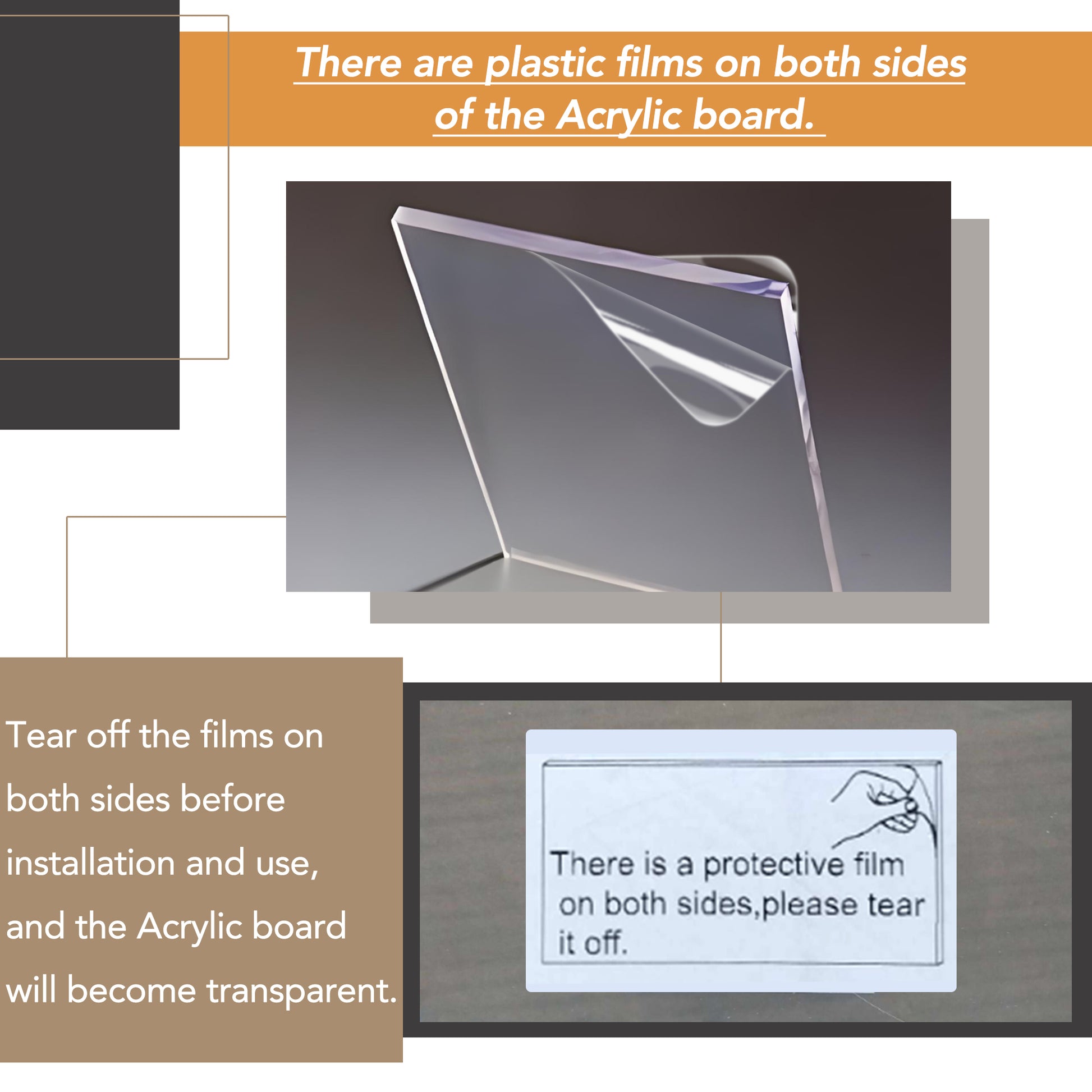 Clear acrylic board with protective plastic film being peeled off