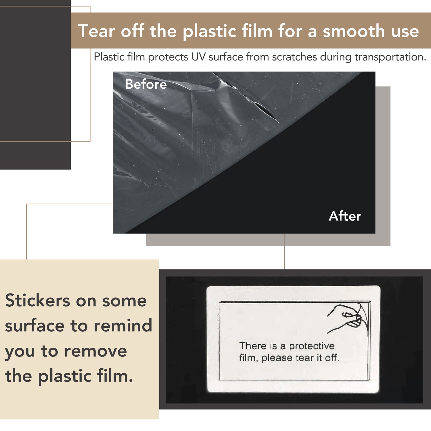 Scratched protective plastic film on a dark surface before removal
