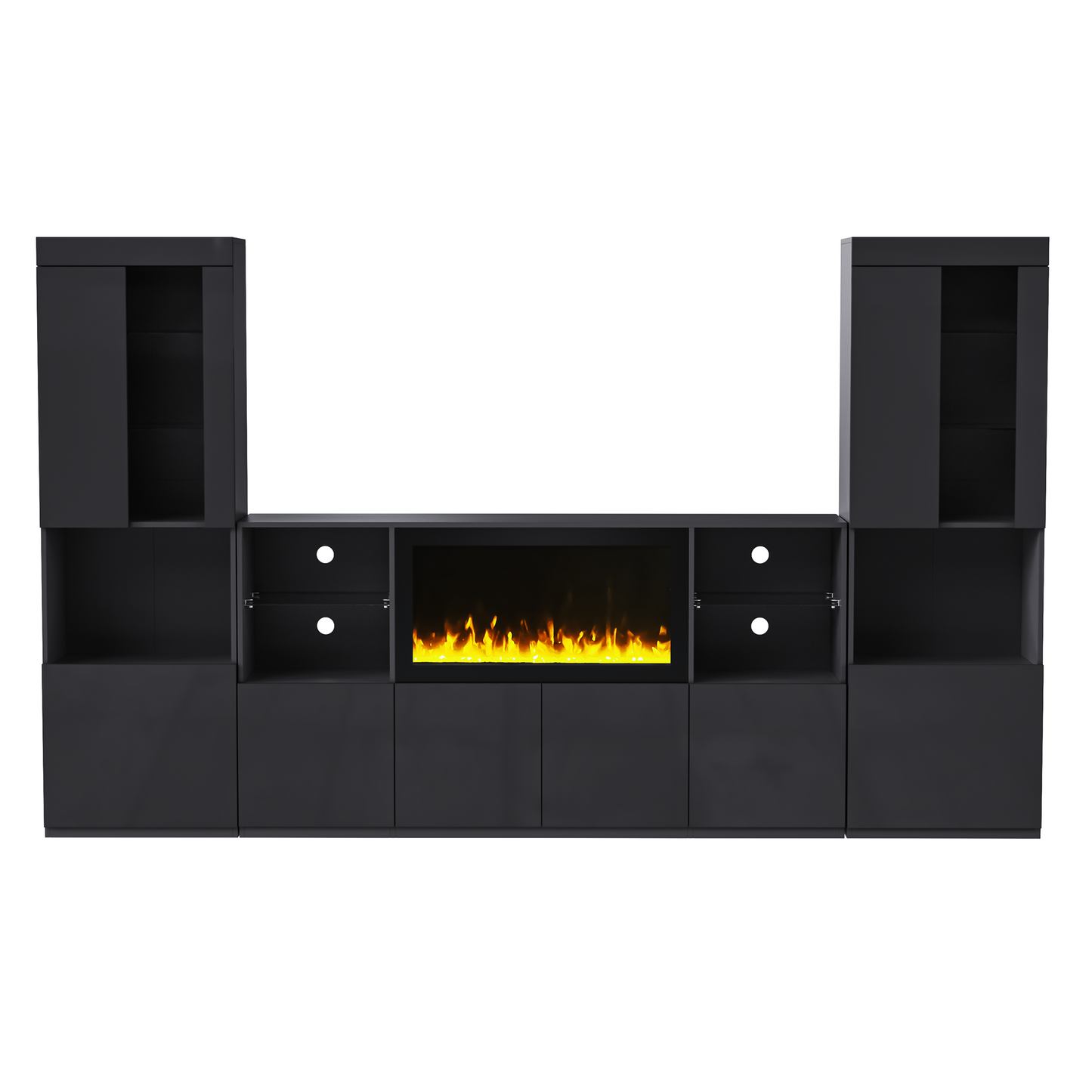 Dark gray media console with electric fireplace and side cabinets
