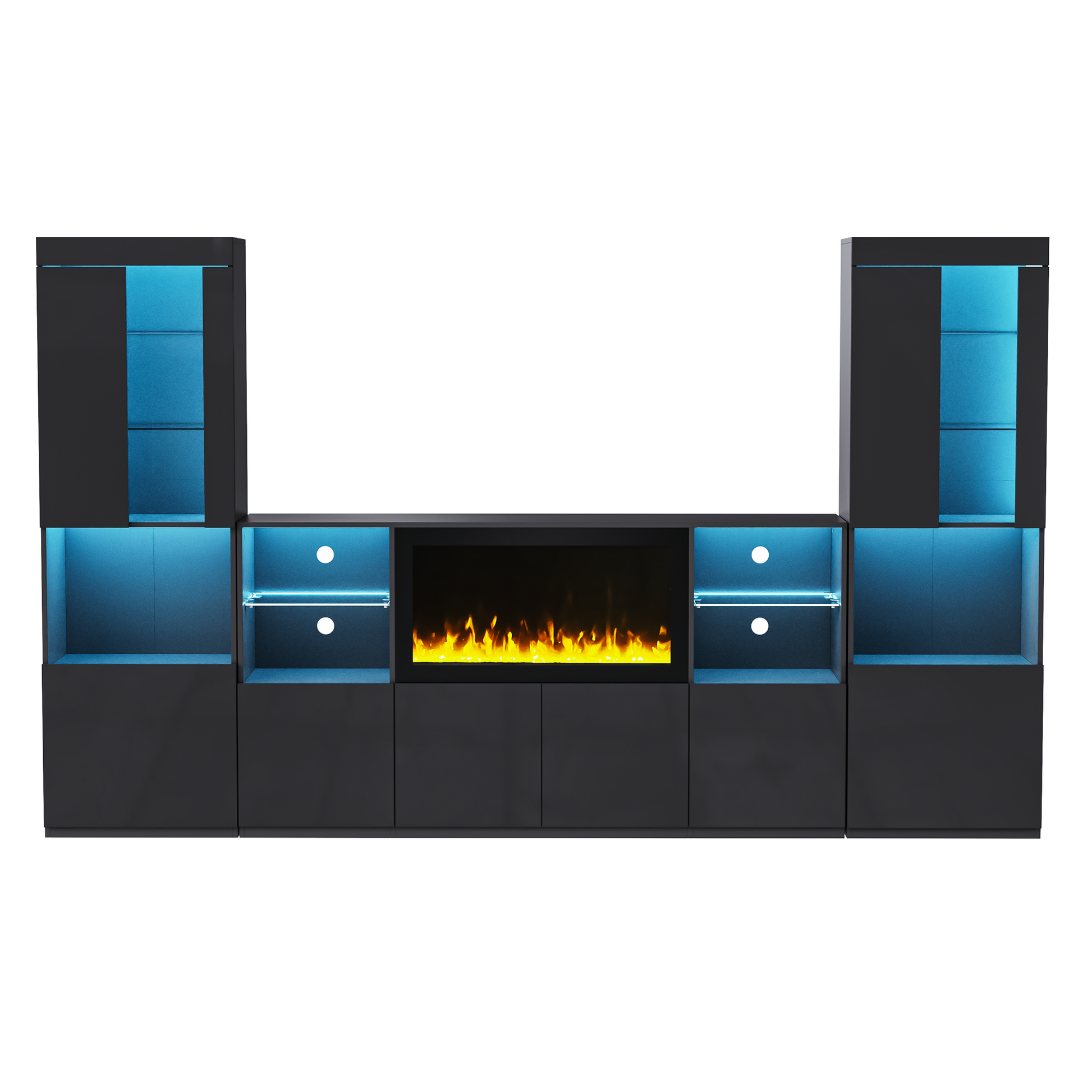 Modern dark gray entertainment center with integrated electric fireplace and blue LED lighting
