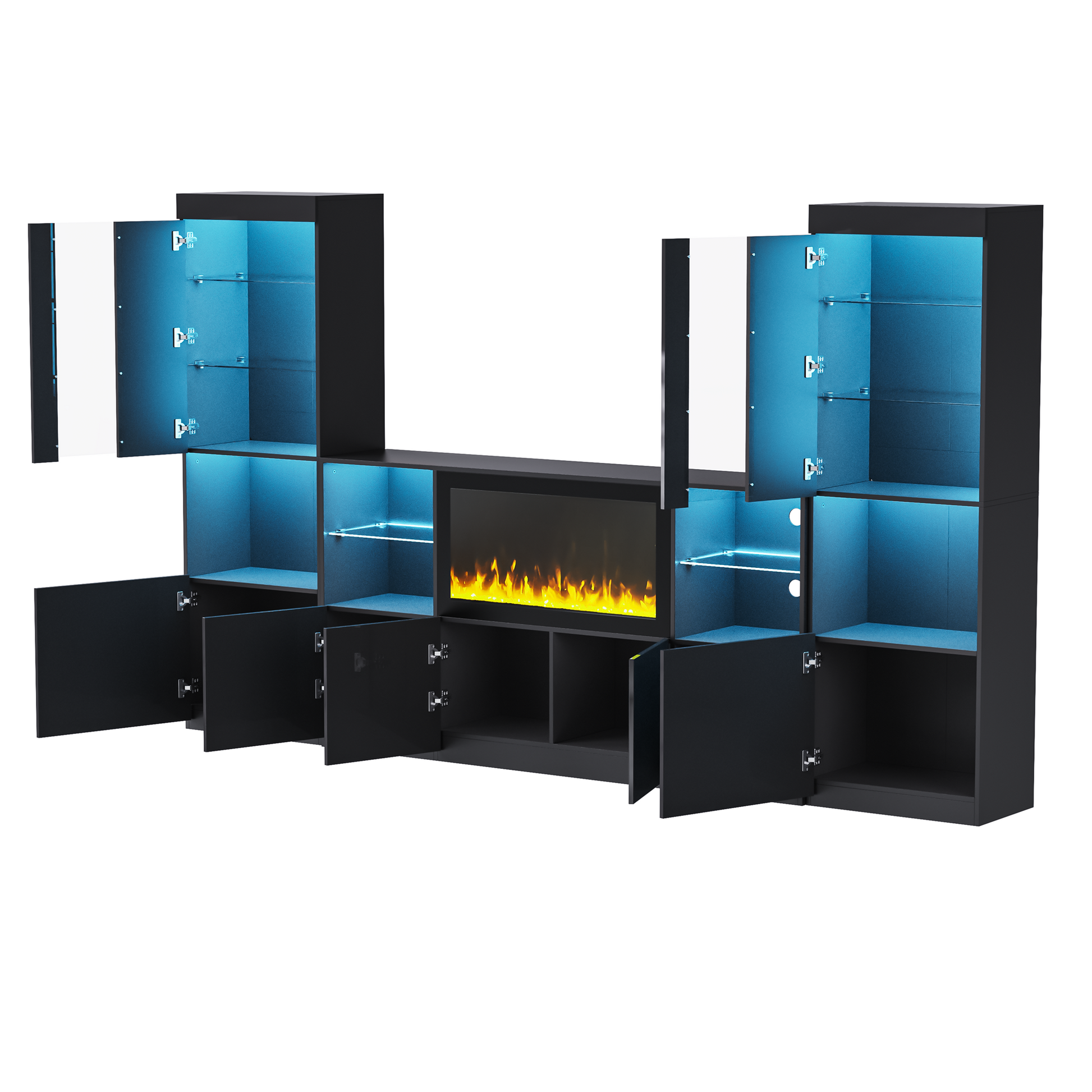 Black modern media console with electric fireplace and blue LED lighting