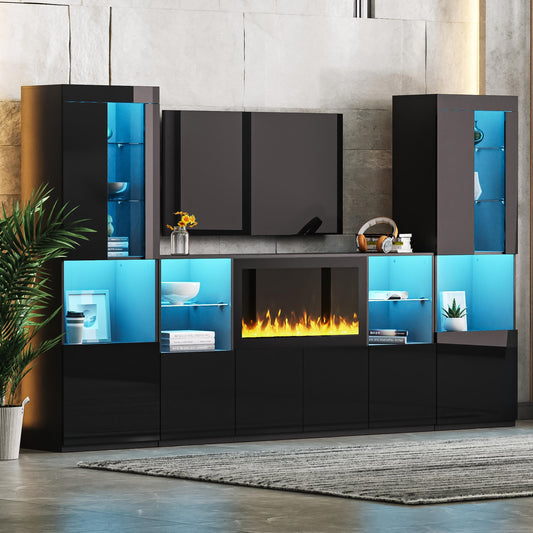 Black modern media console with electric fireplace and blue LED lighting