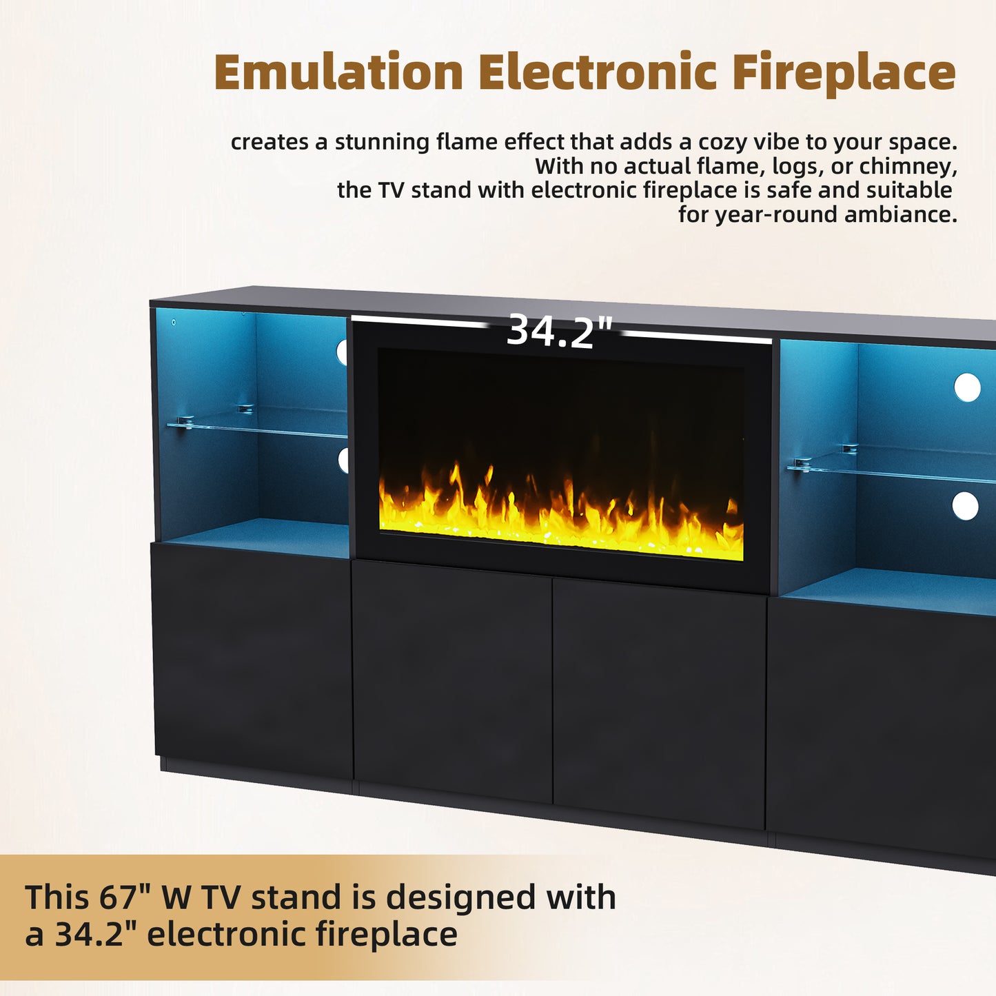 Black inch TV stand with a inch electronic fireplace and blue LED accents