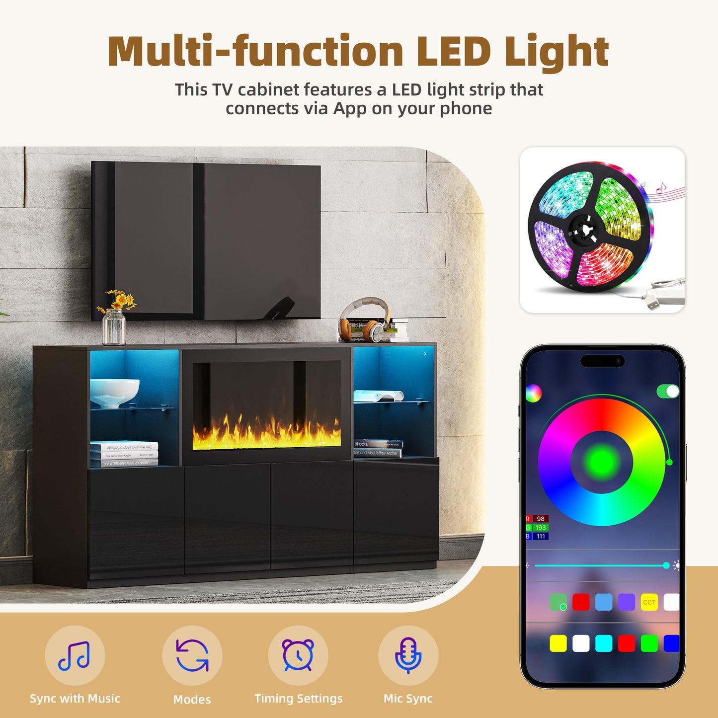 Multifunction LED light strip for TV cabinets with app control