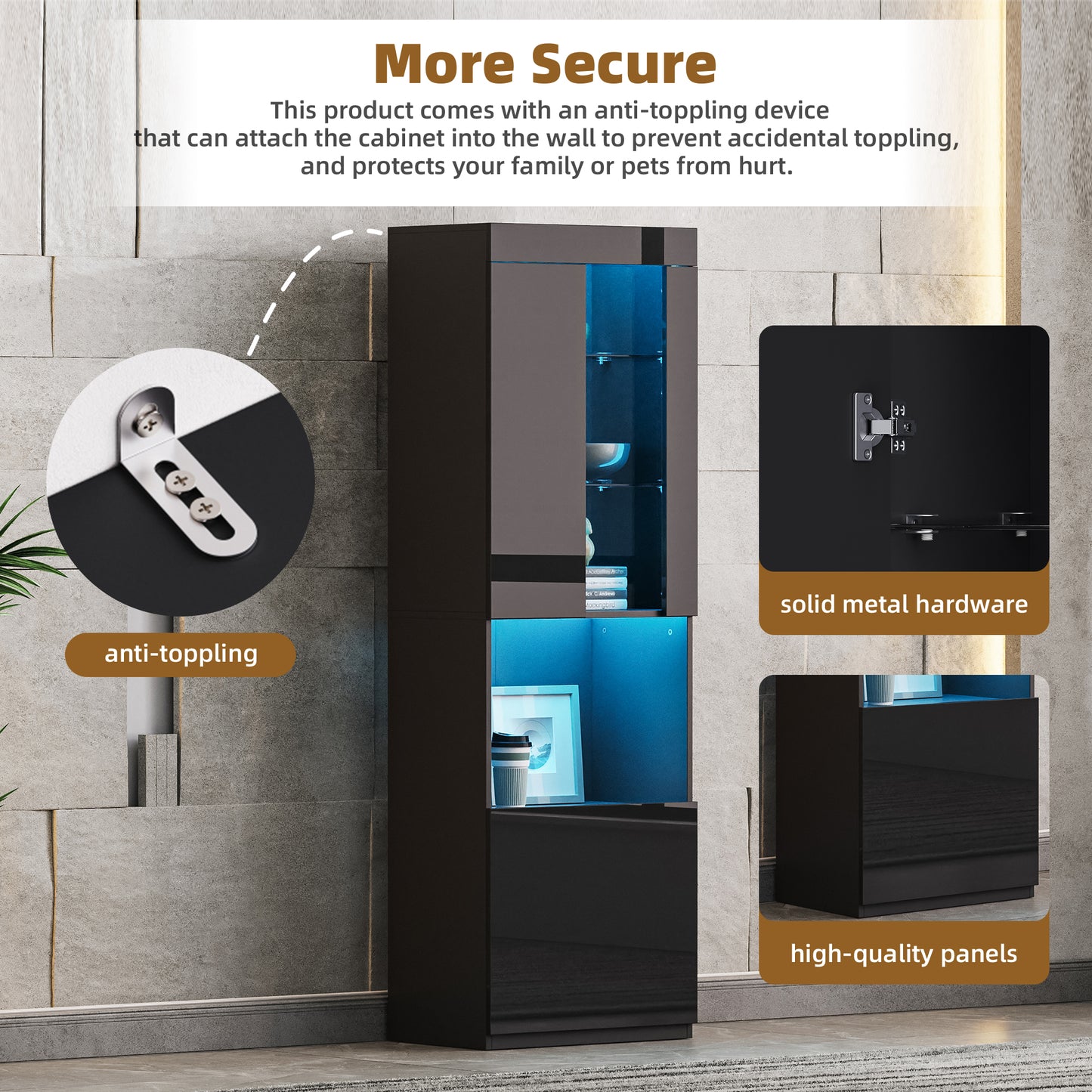 Modern tall black cabinet with blue interior lighting and antitoppling safety device