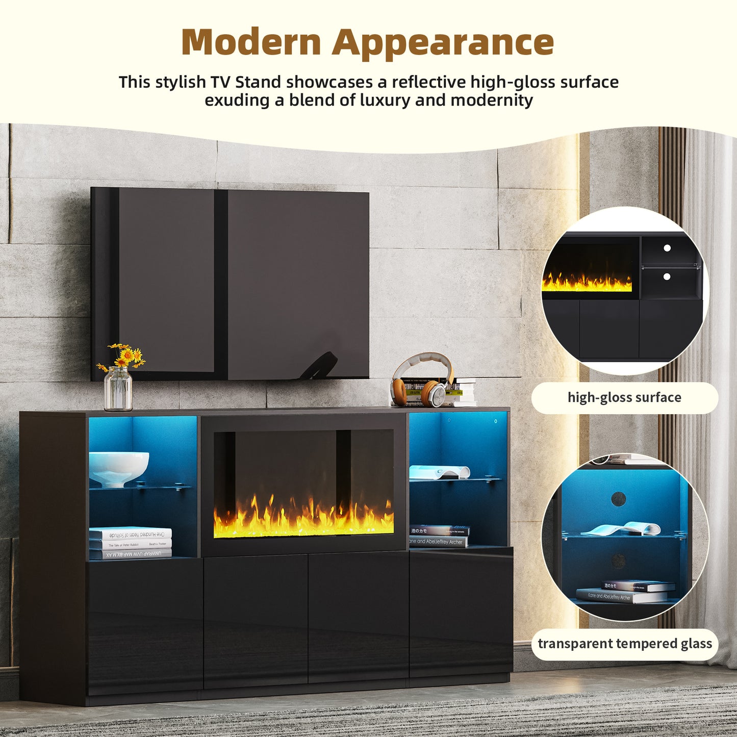 Black highgloss TV stand with electric fireplace and blue LED lighting