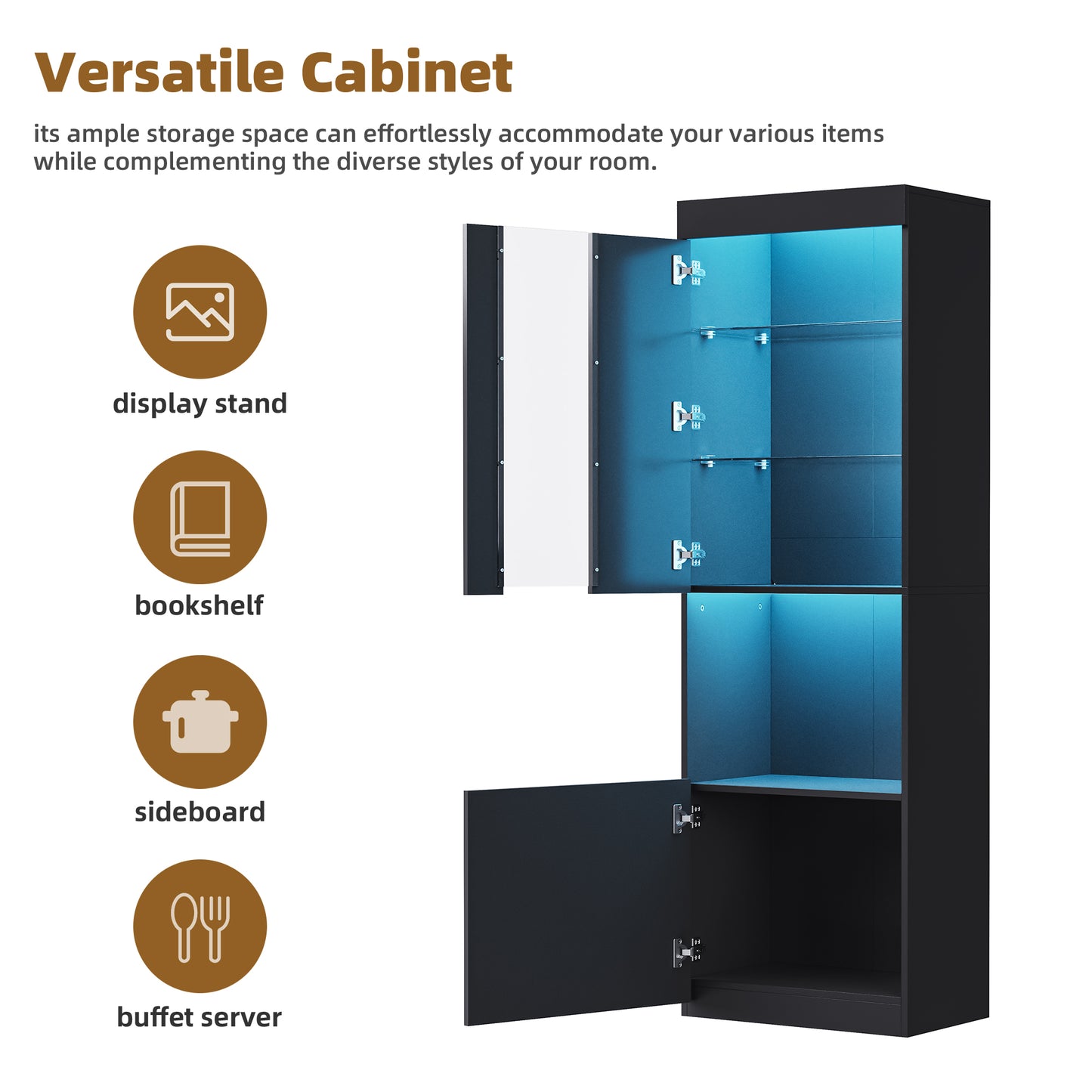 Black display cabinet with glass shelves and blue LED lighting