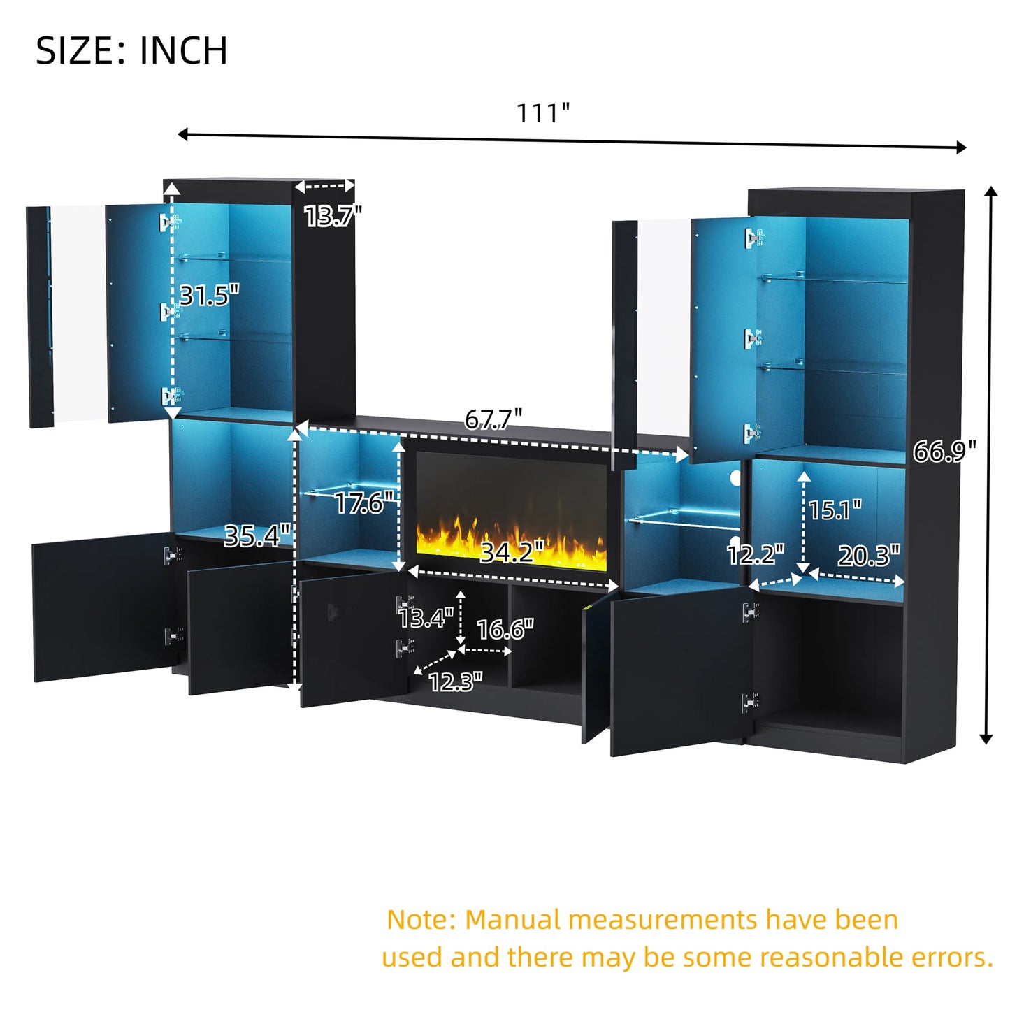 Black modern entertainment center with electric fireplace and blue LED lighting