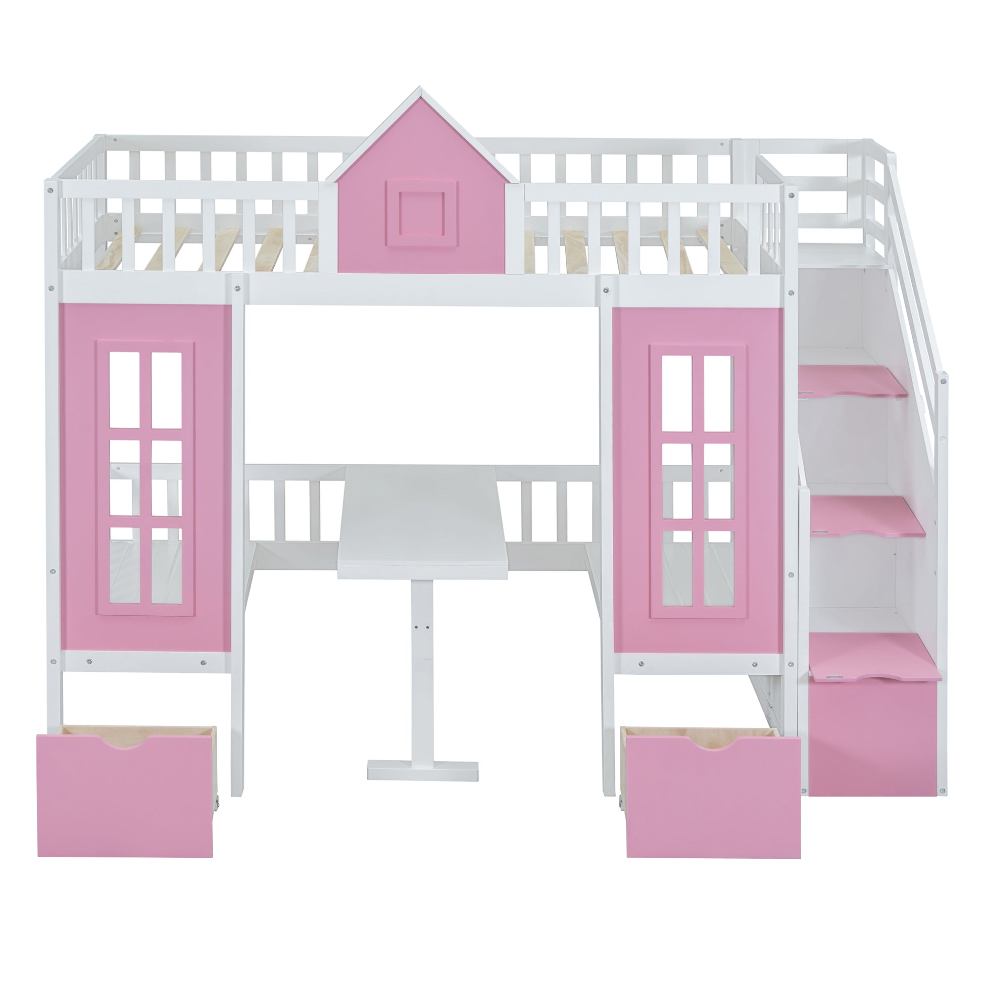 White and pink loft bed with integrated desk and drawers for kids