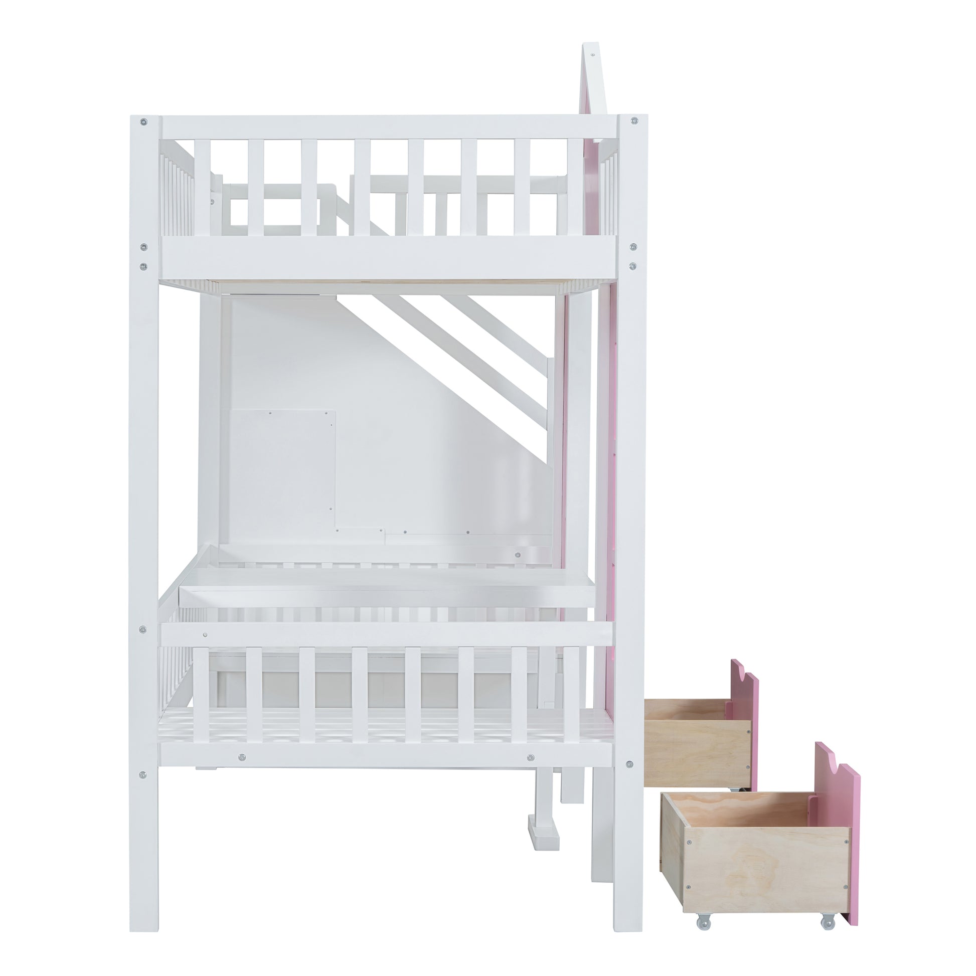 White wooden bunk bed with pink accents and storage drawers