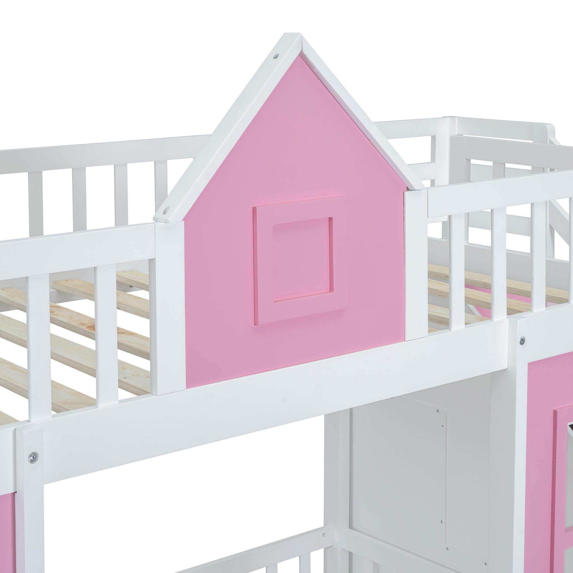 White and pink wooden twin bunk bed with houseshaped details