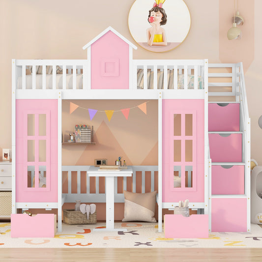 White and pink loft bed with stairs desk and drawers for kids rooms