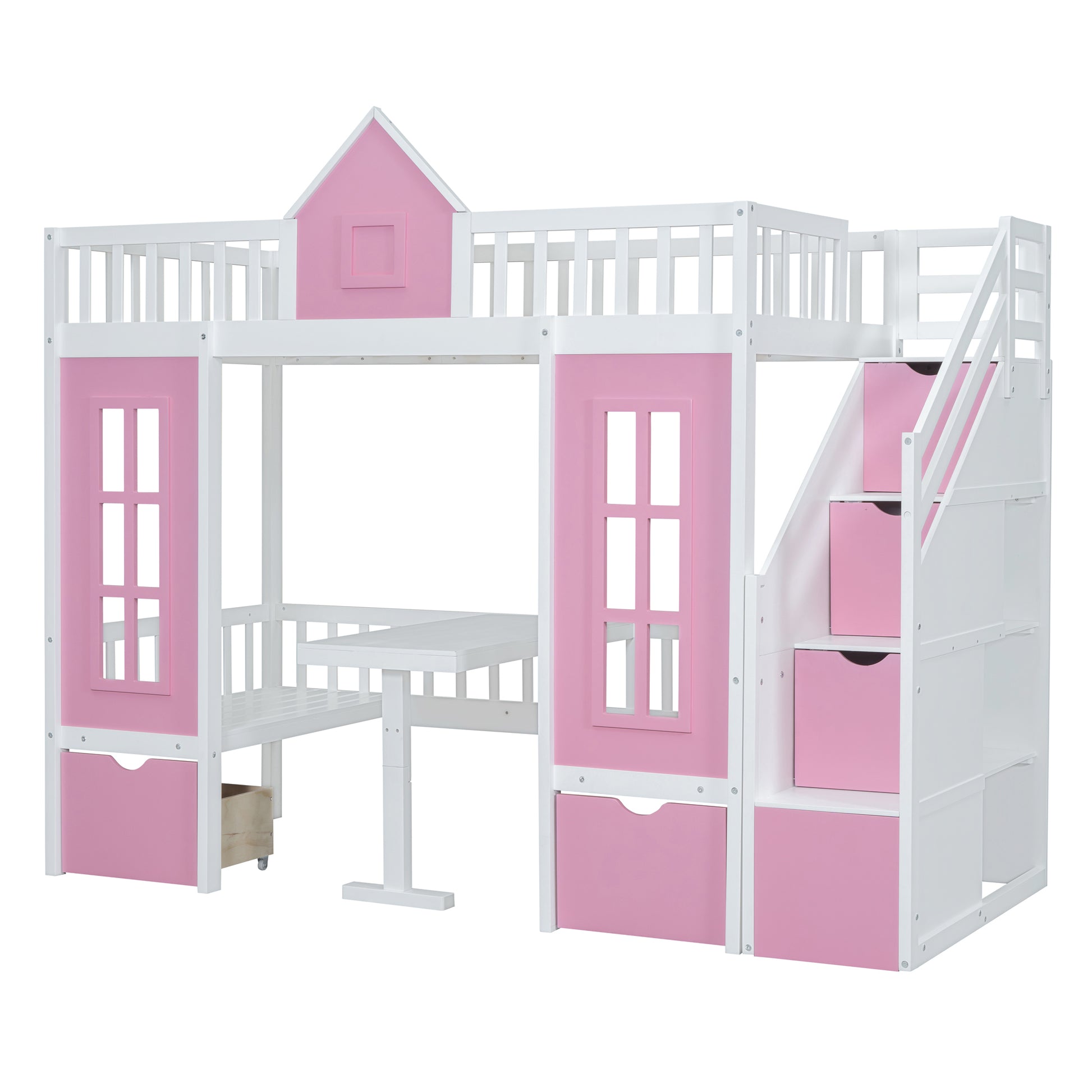 White and pink wooden loft bed with stairs and desk