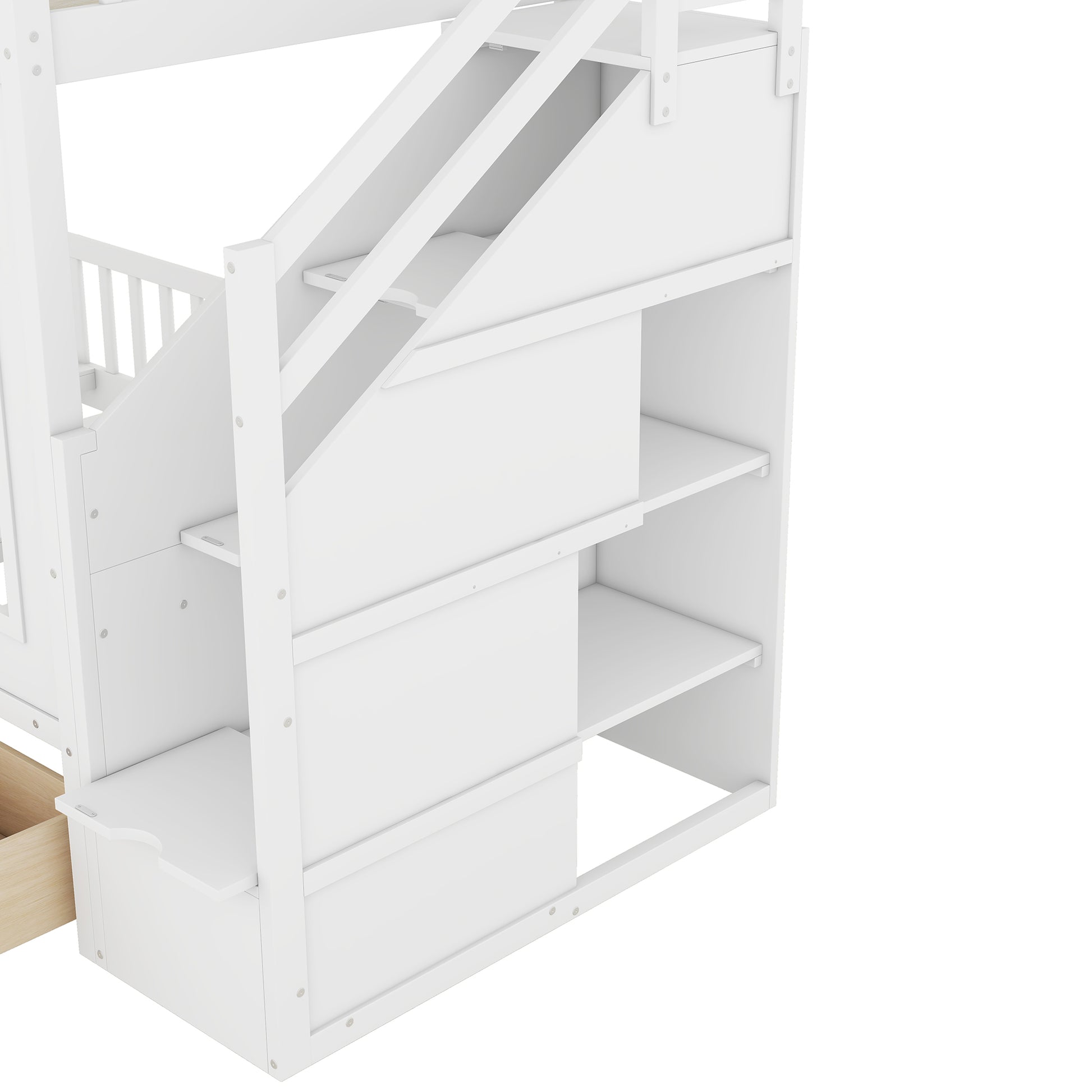 White wooden bunk bed stairs with integrated storage shelves and drawers