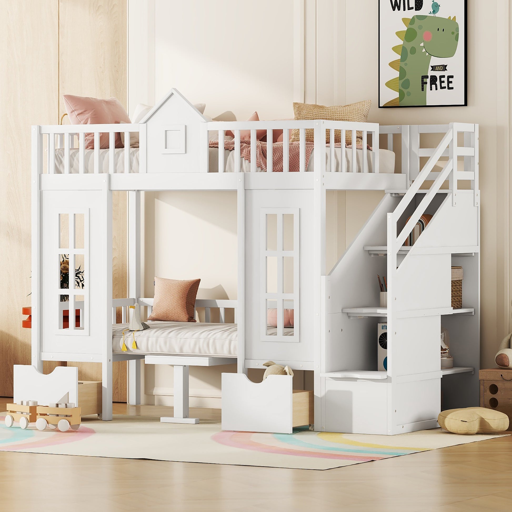 White wooden houseshaped bunk bed with stairs for kids room