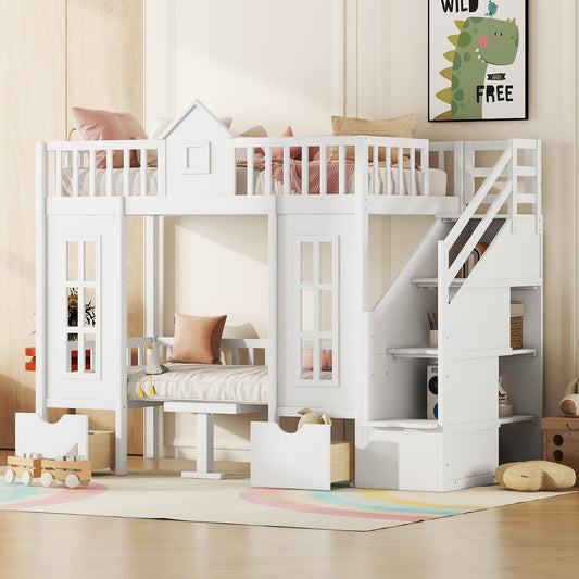 White wooden houseshaped bunk bed with stairs for kids room