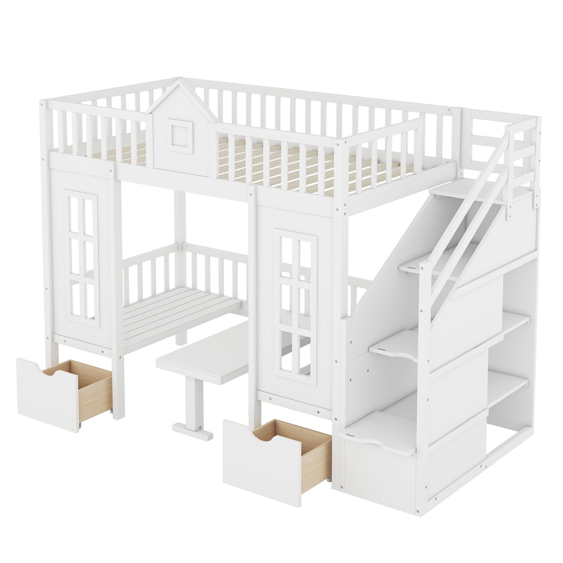 White wooden loft bed with integrated desk and drawers