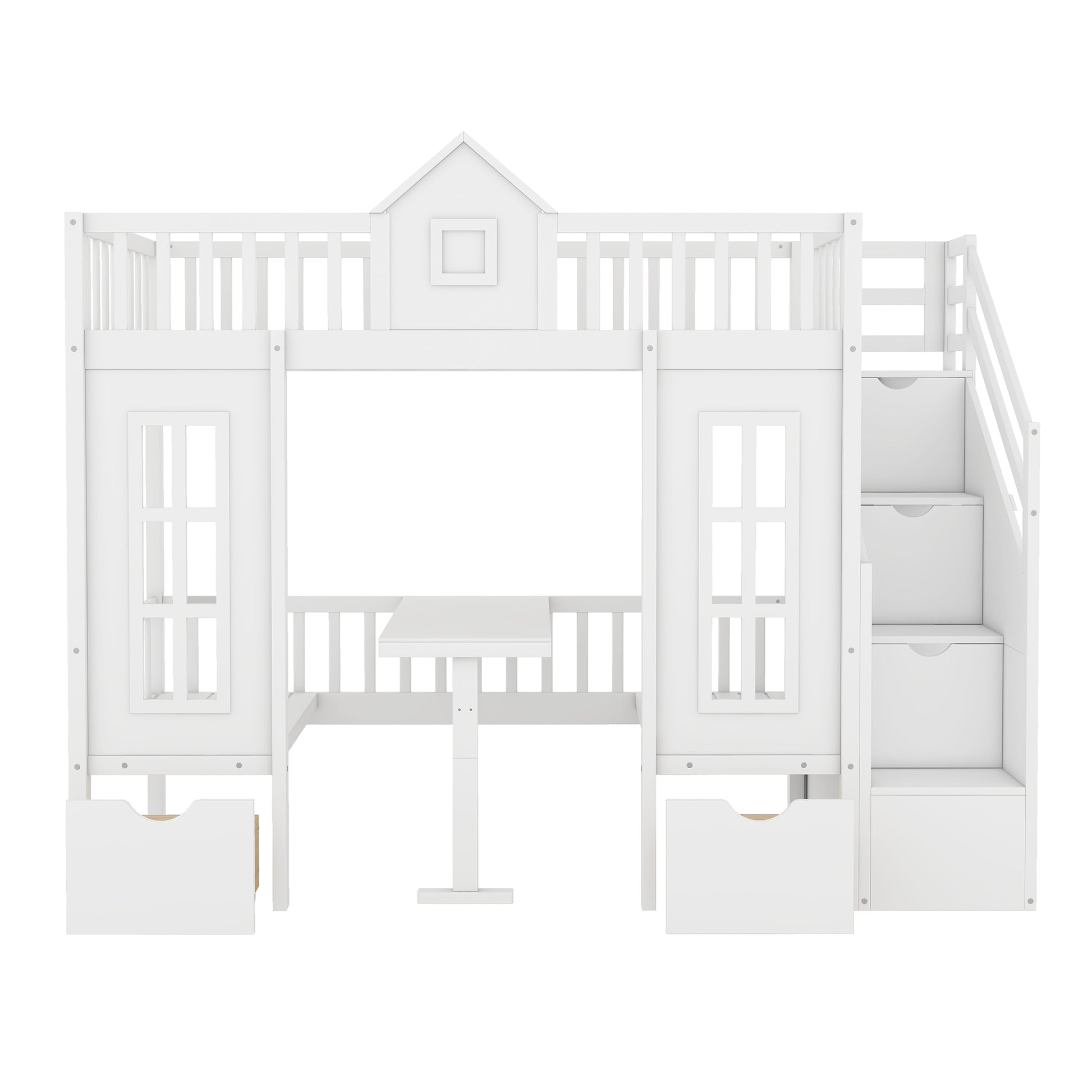 White wooden loft bed with integrated desk and stairs