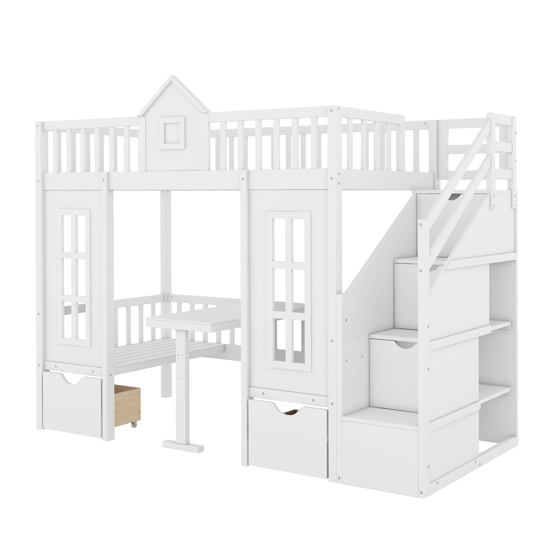 White wooden loft bed with stairs desk and storage for childrens room