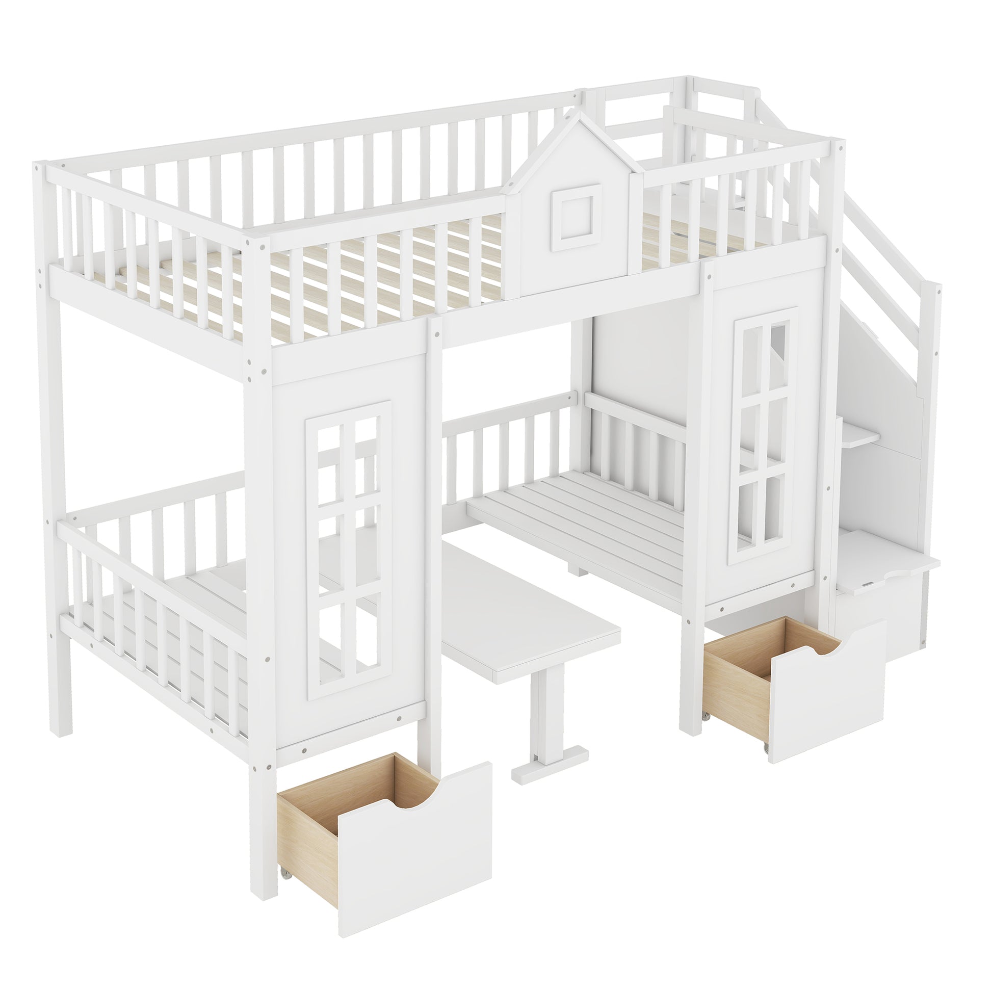 White wooden twin over twin bunk bed with stairs slide desk and drawers