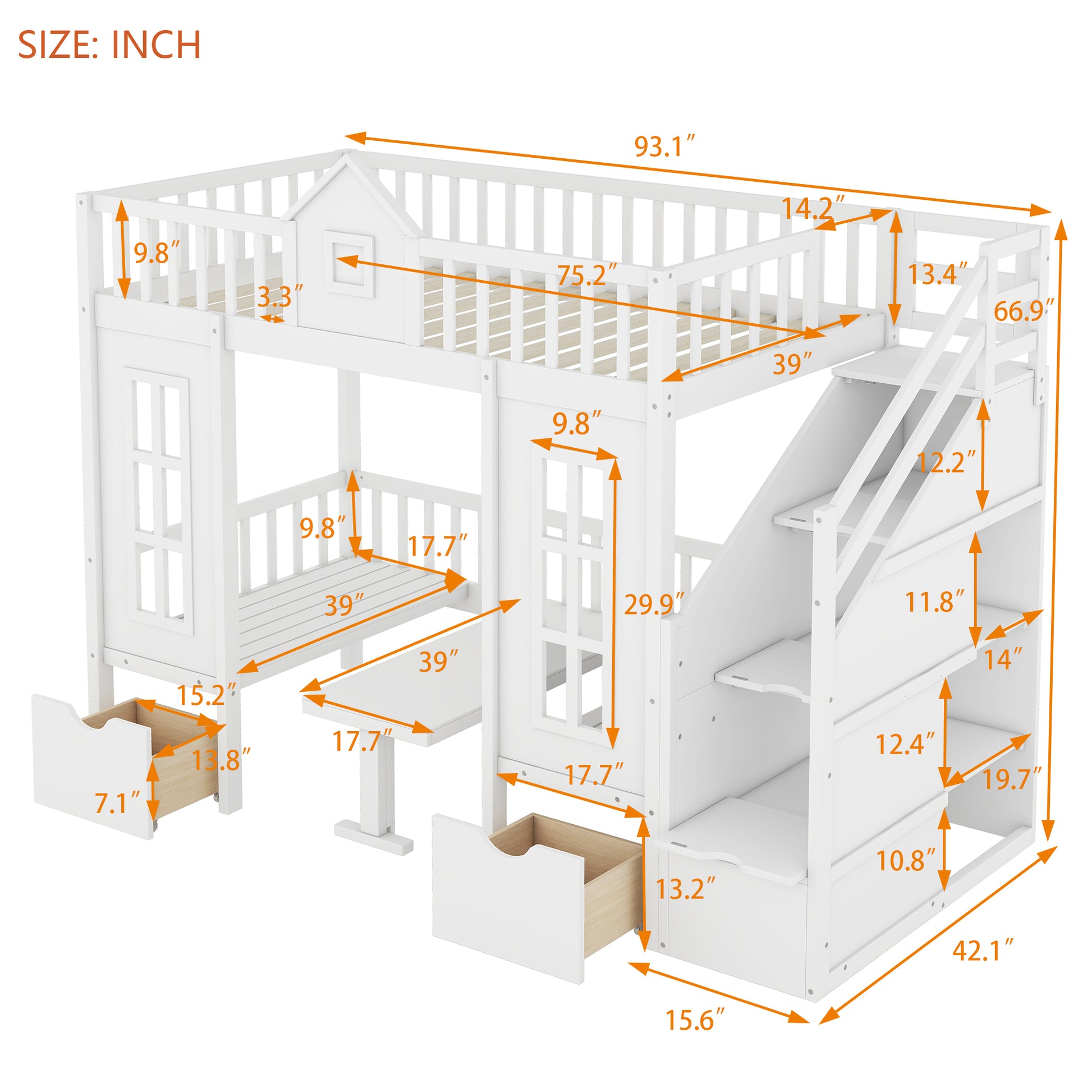 White wooden bunk bed with builtin desk and storage drawers for kids room
