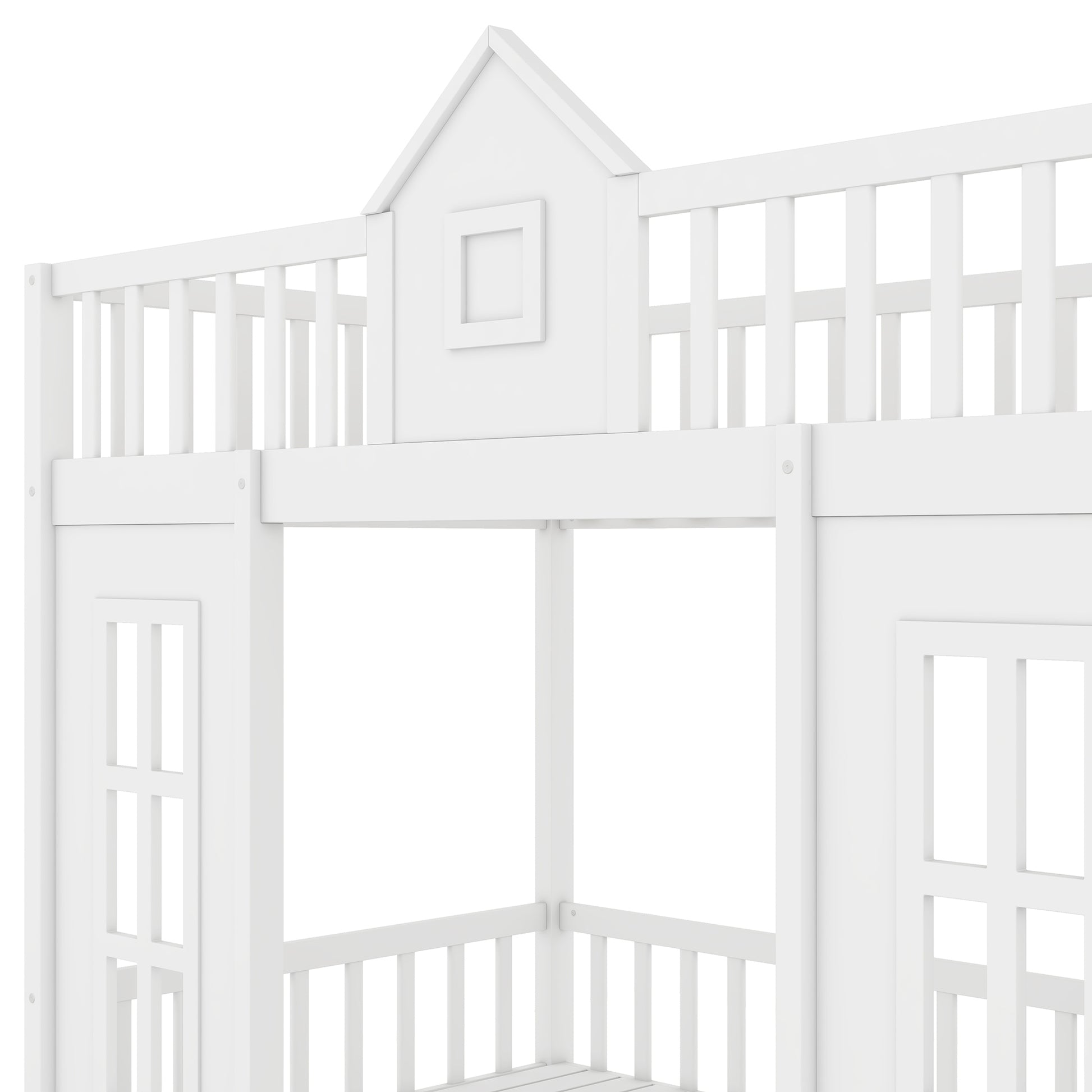 White wooden bunk bed with houseshaped roof detail