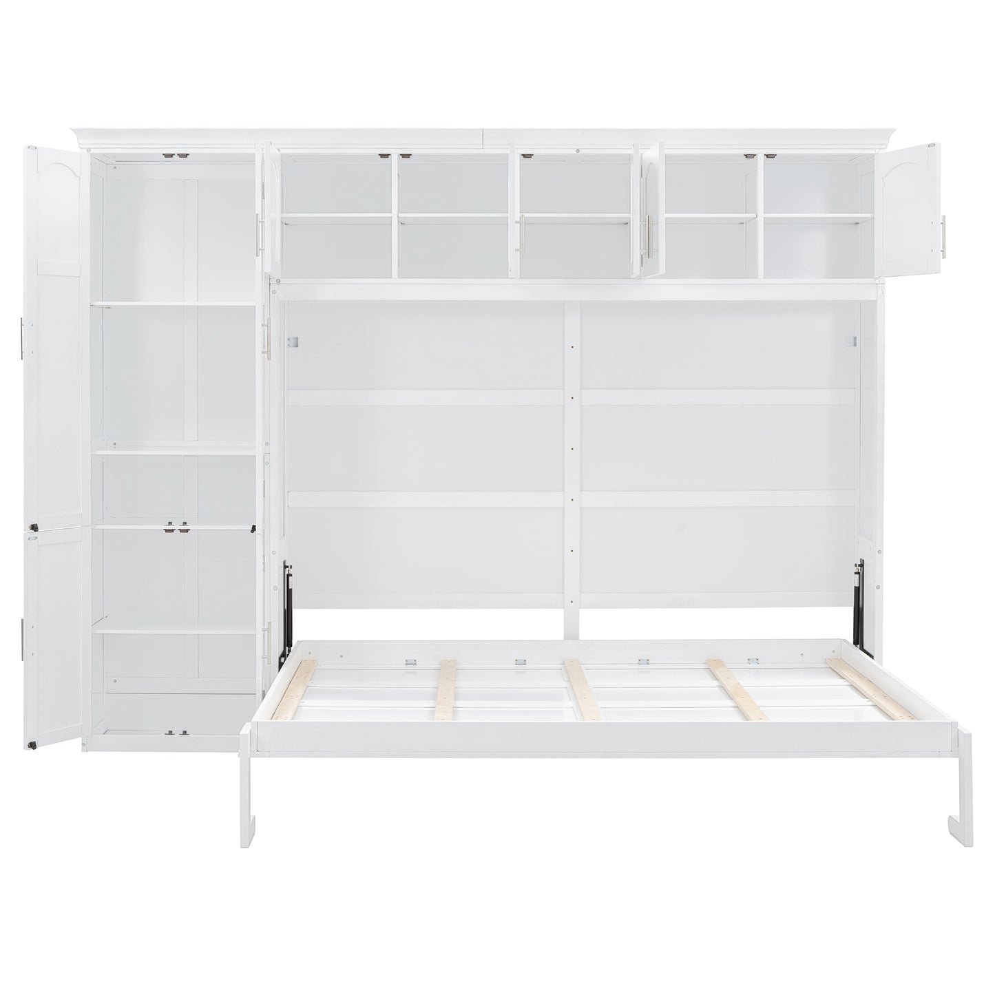 White Murphy bed with open cabinets and exposed bed frame