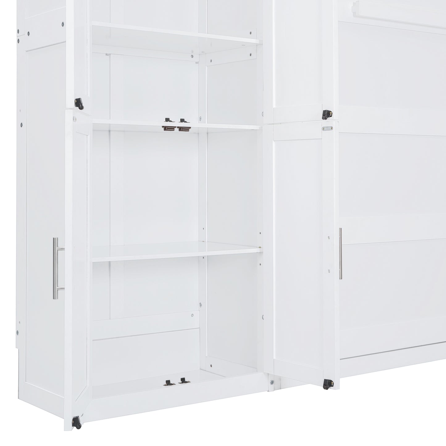 White modern storage cabinet with open doors and adjustable shelves