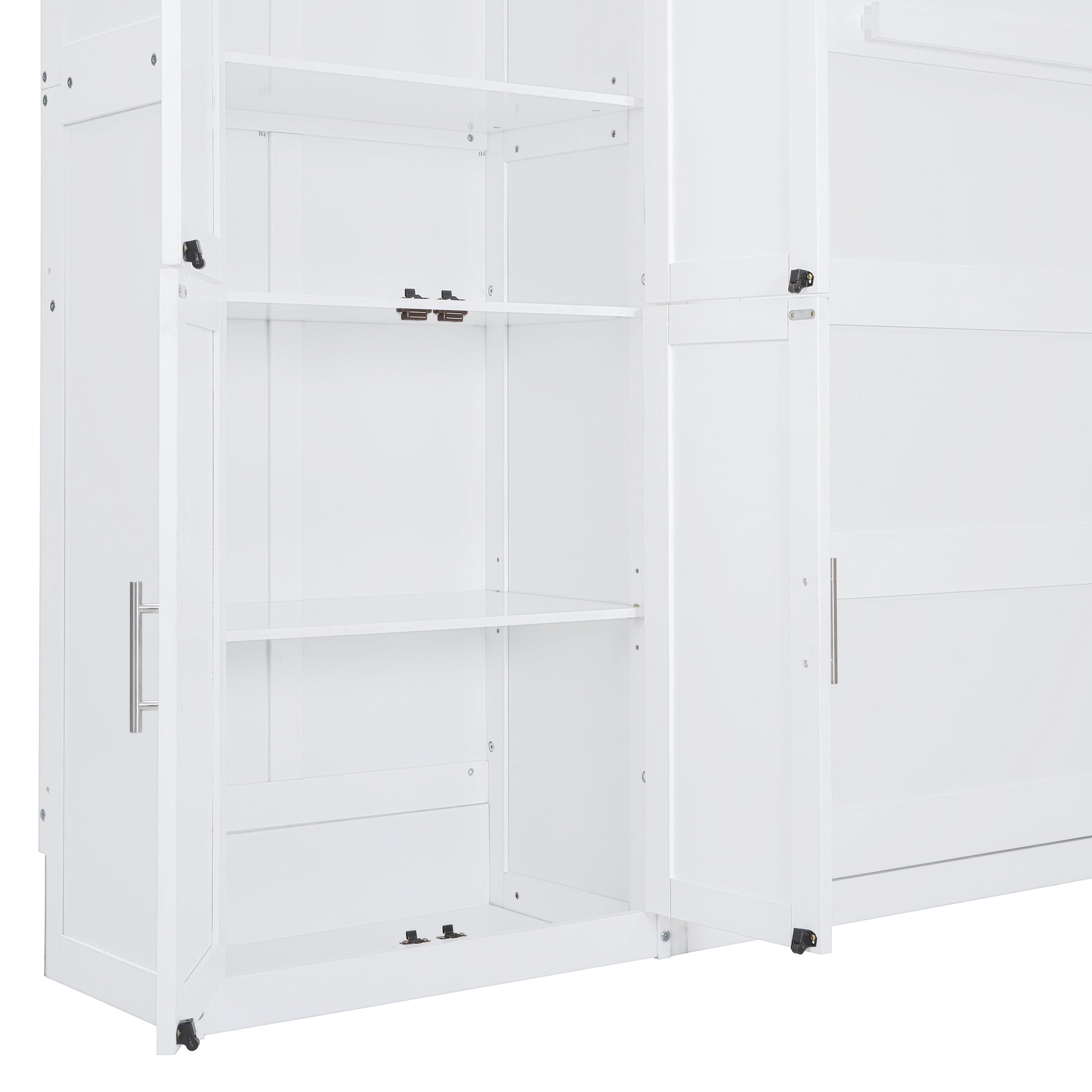 White modern storage cabinet with open doors and adjustable shelves