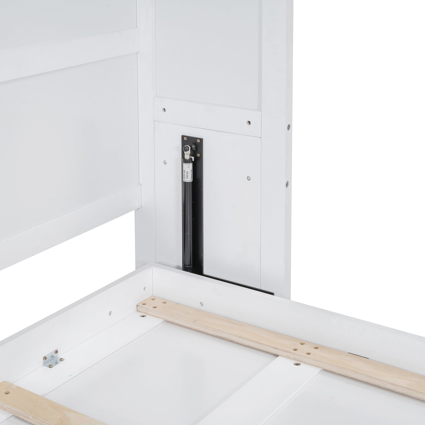White upholstered bed frame with gas lift mechanism