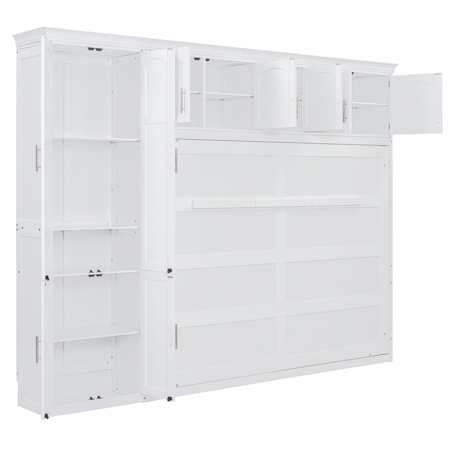 White wooden Murphy bed with side cabinets and open shelving