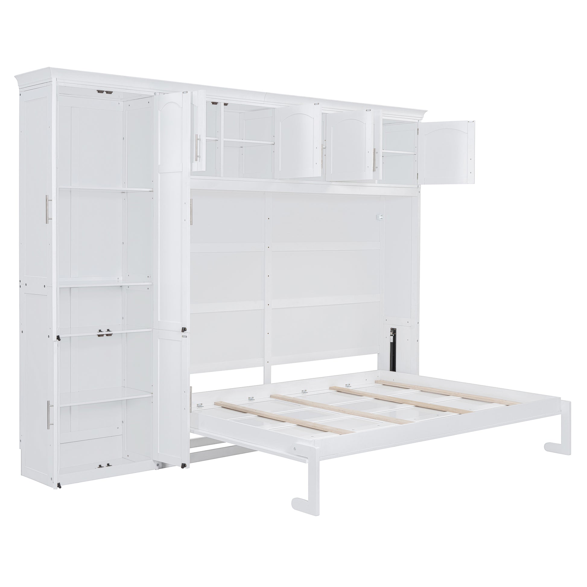 White wall bed with storage cabinets