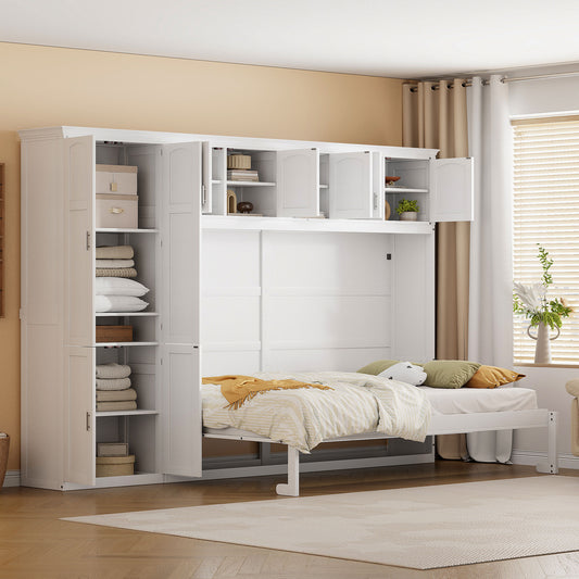 White Murphy bed with side storage shelves