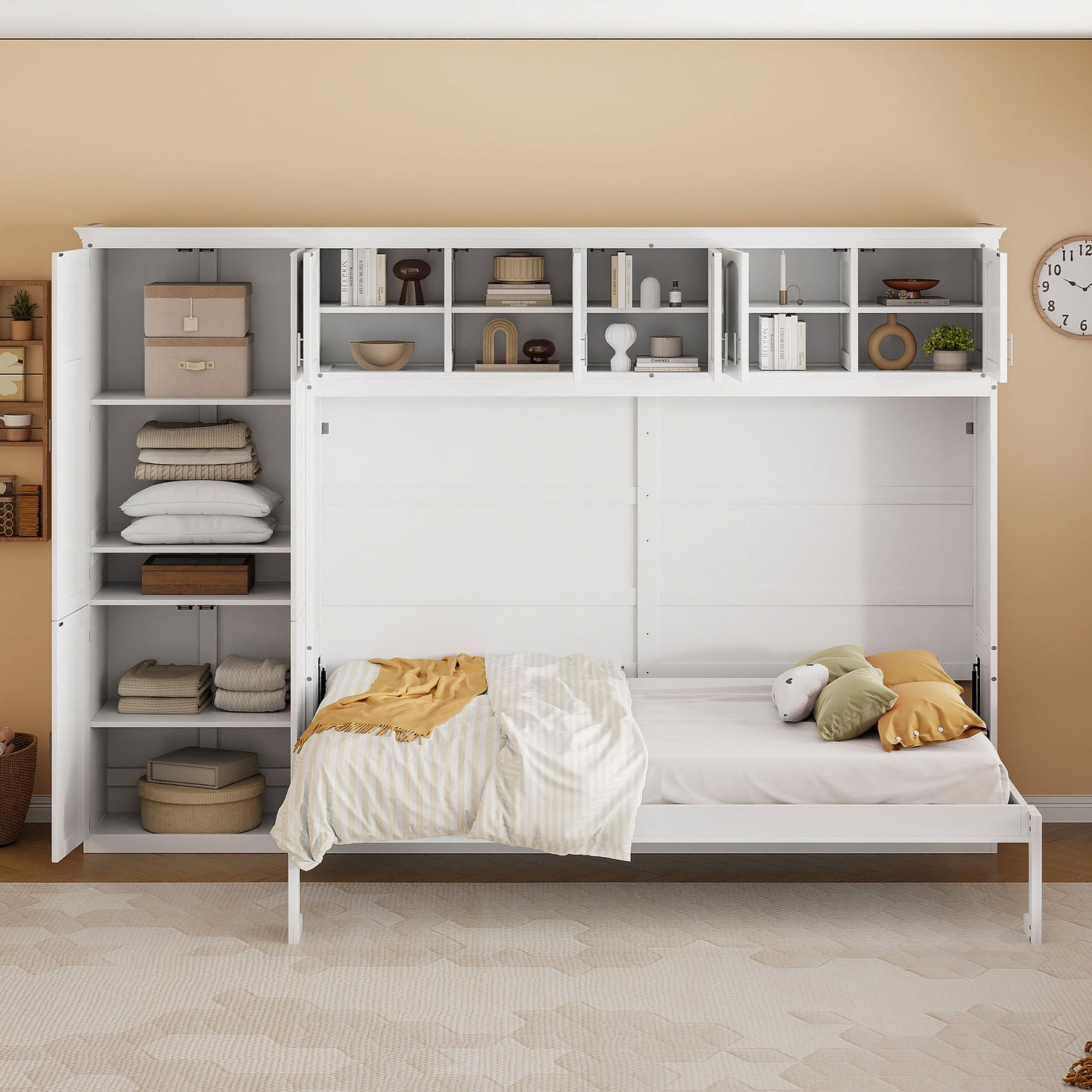 White wall bed with open shelving displaying decor and folded linens
