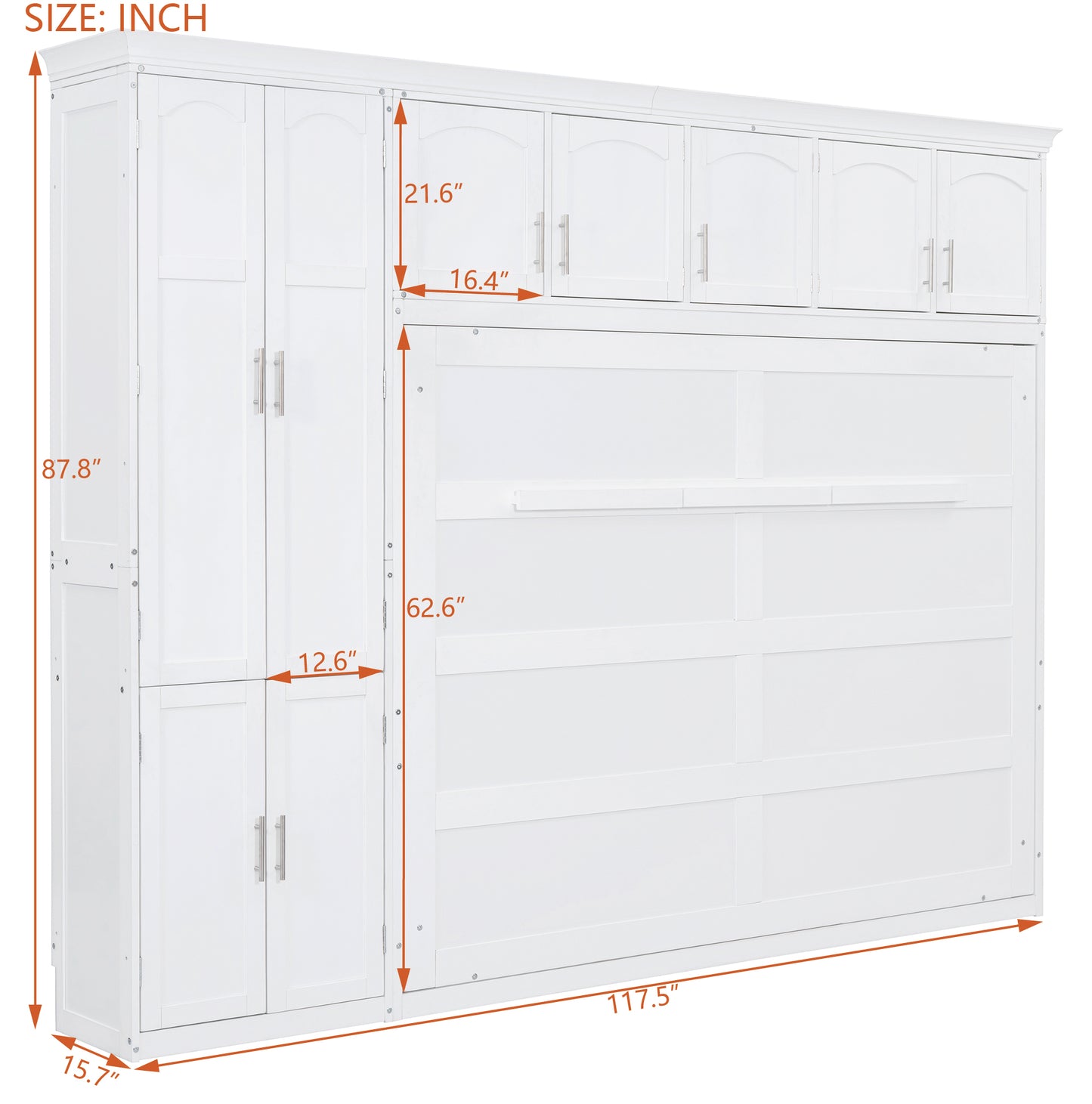 White wall bed with storage cabinets and dual closet doors