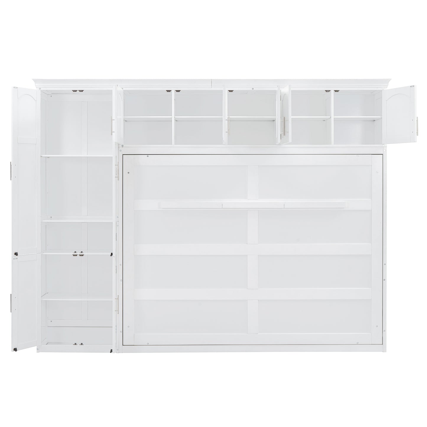 White wall bed cabinet with open shelves and doors