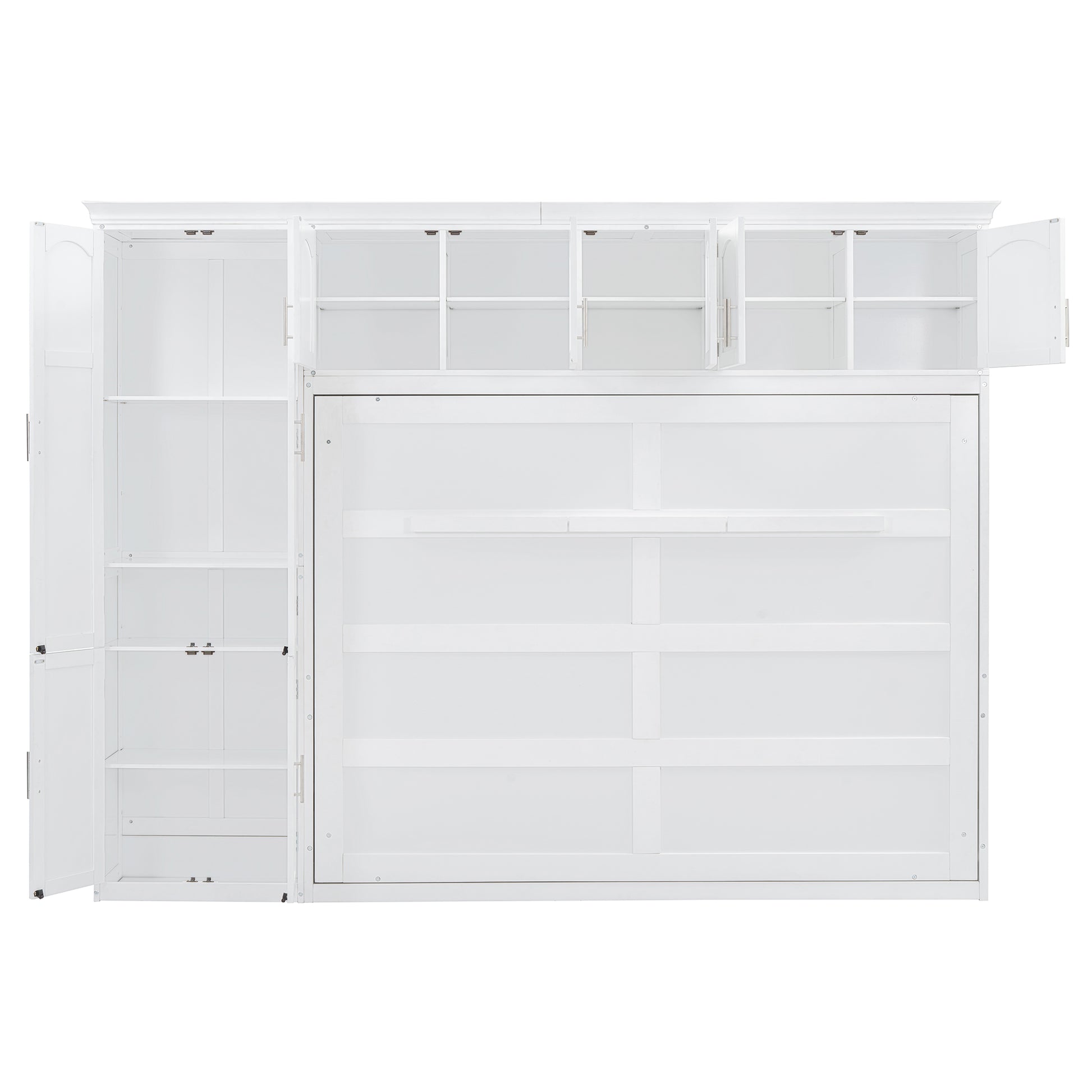 White wall bed cabinet with open shelves and doors