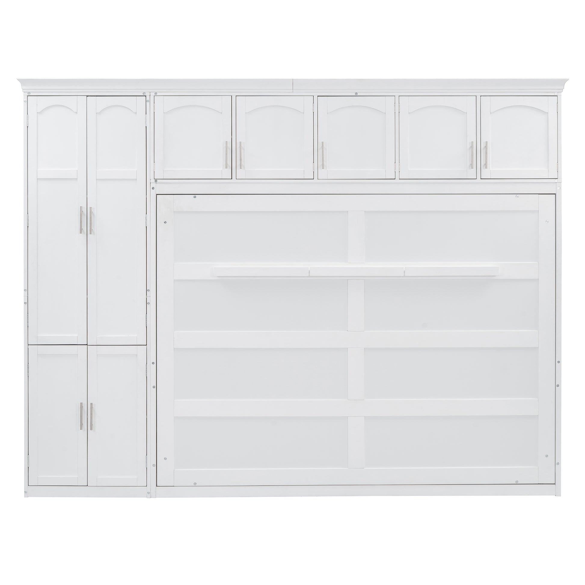 White Murphy bed cabinet with arched doors and silver handles