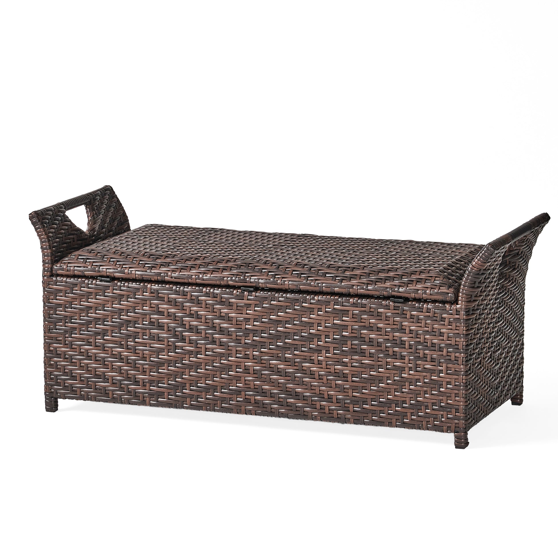 Dark brown wicker storage bench with lid and handles