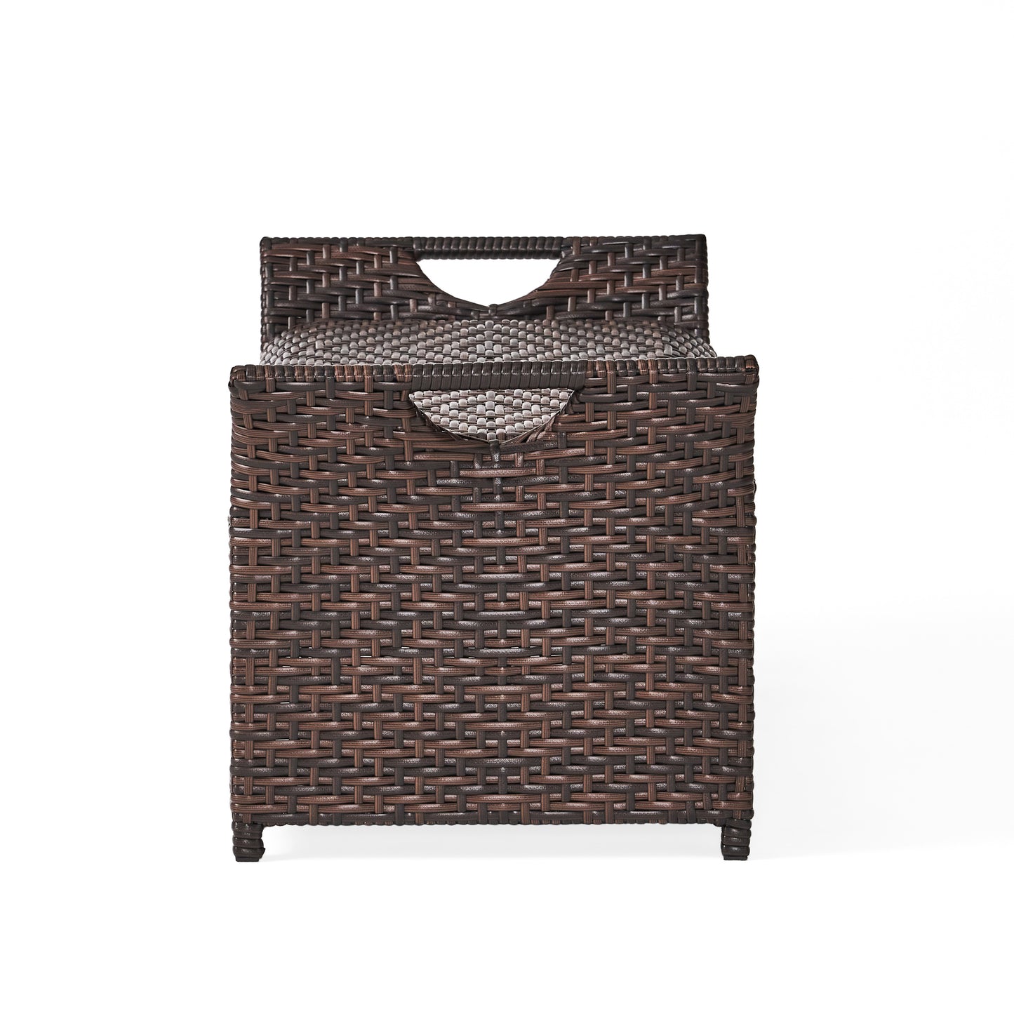 Brown wicker storage ottoman with textured lid and handle