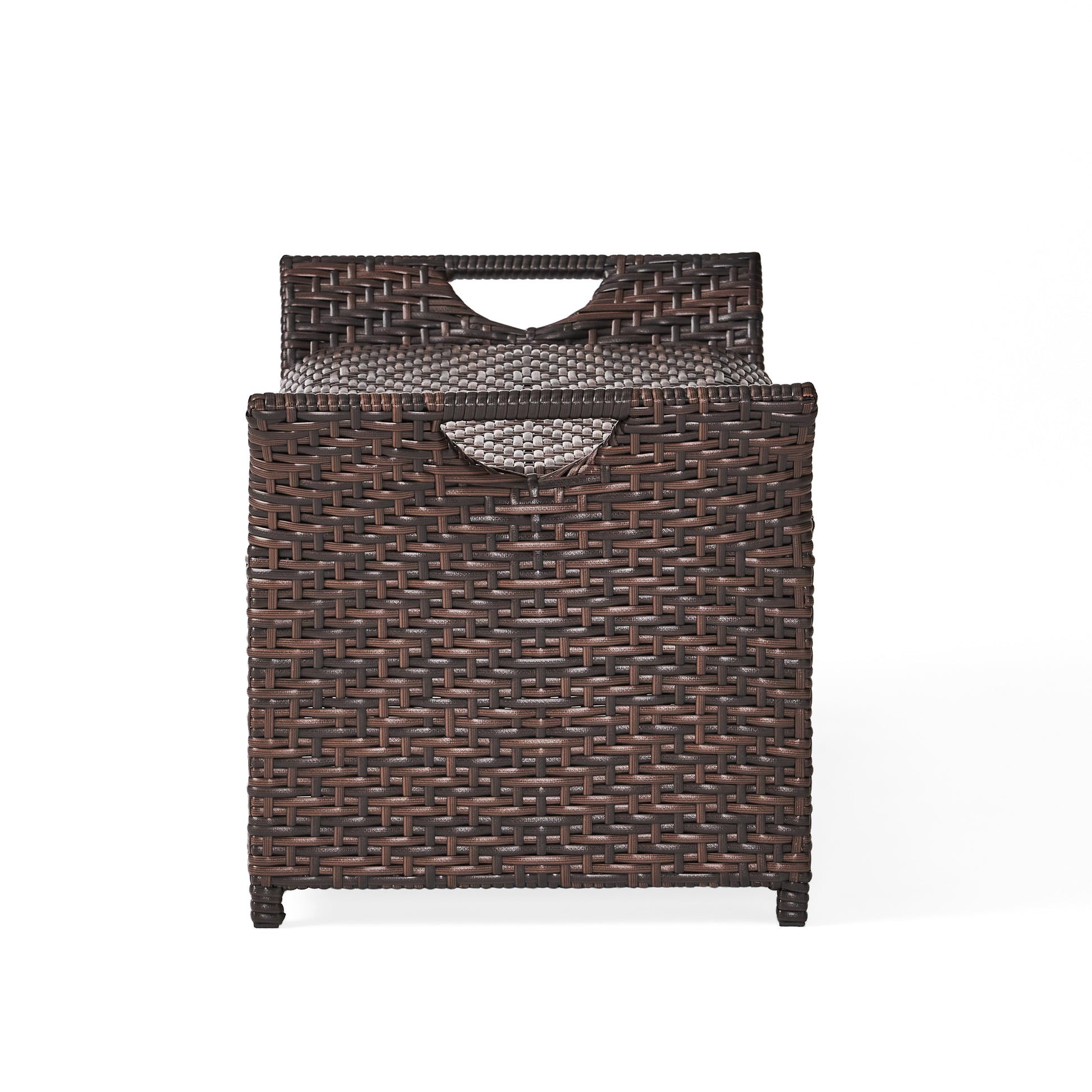 Brown wicker storage ottoman with textured lid and handle