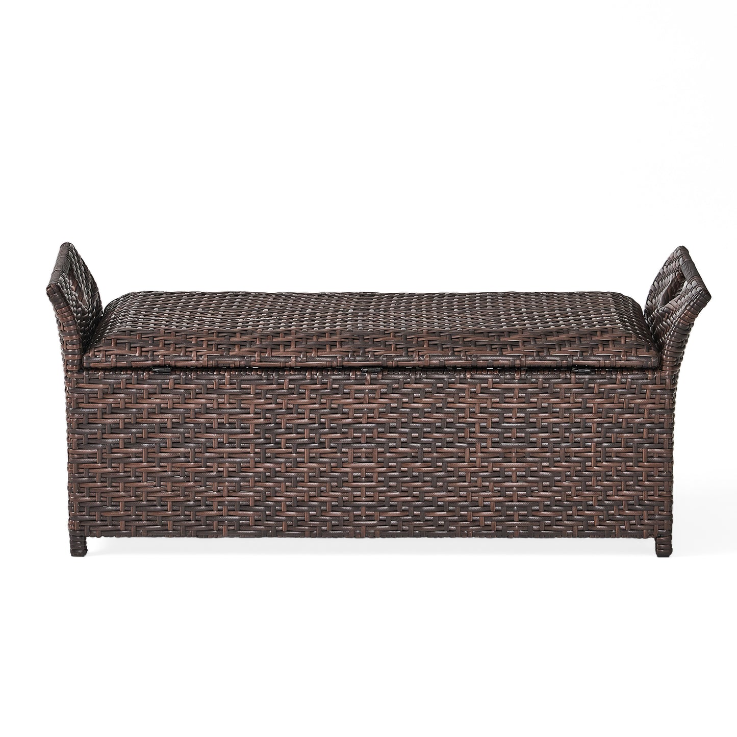 Brown wicker storage bench with armrests
