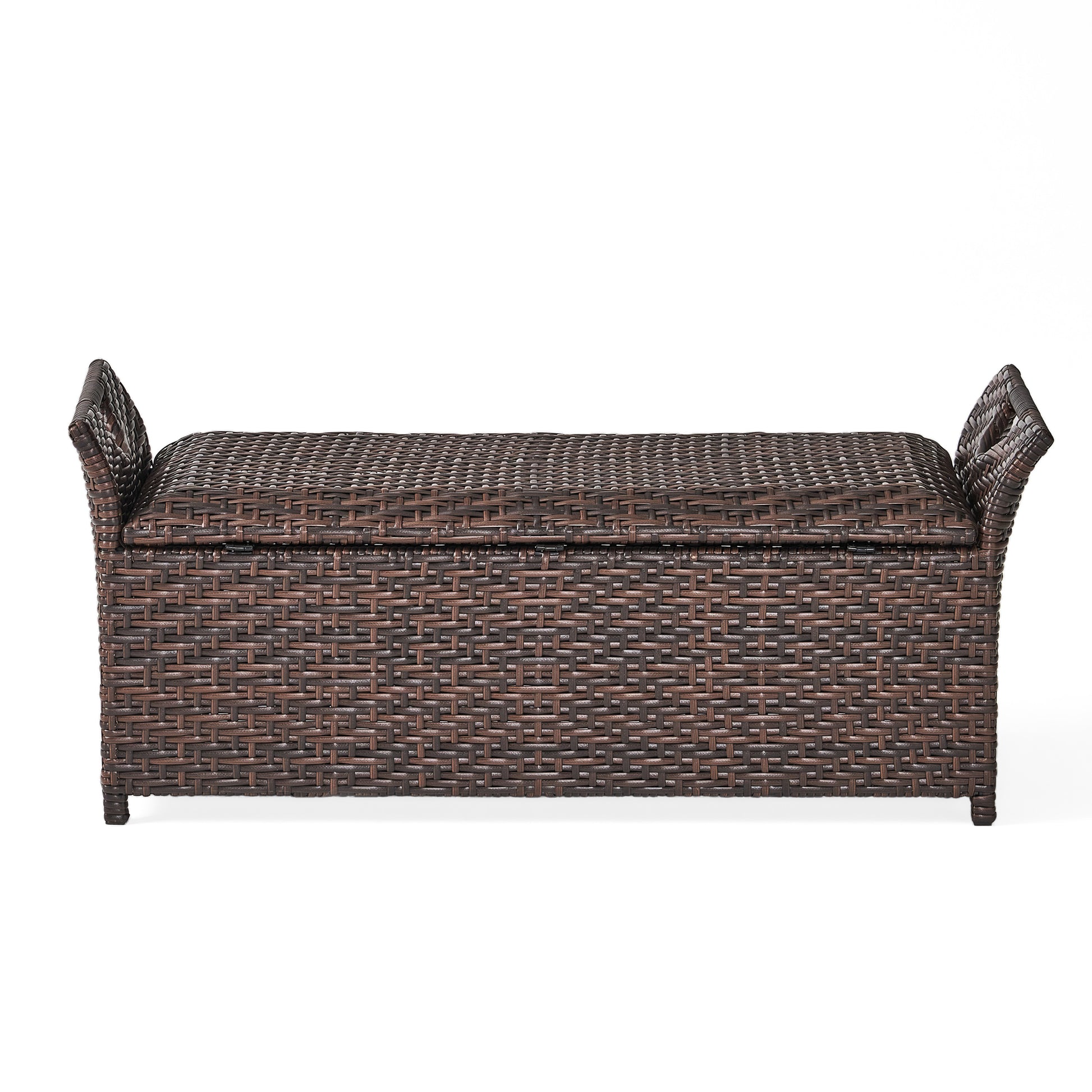 Brown wicker storage bench with armrests