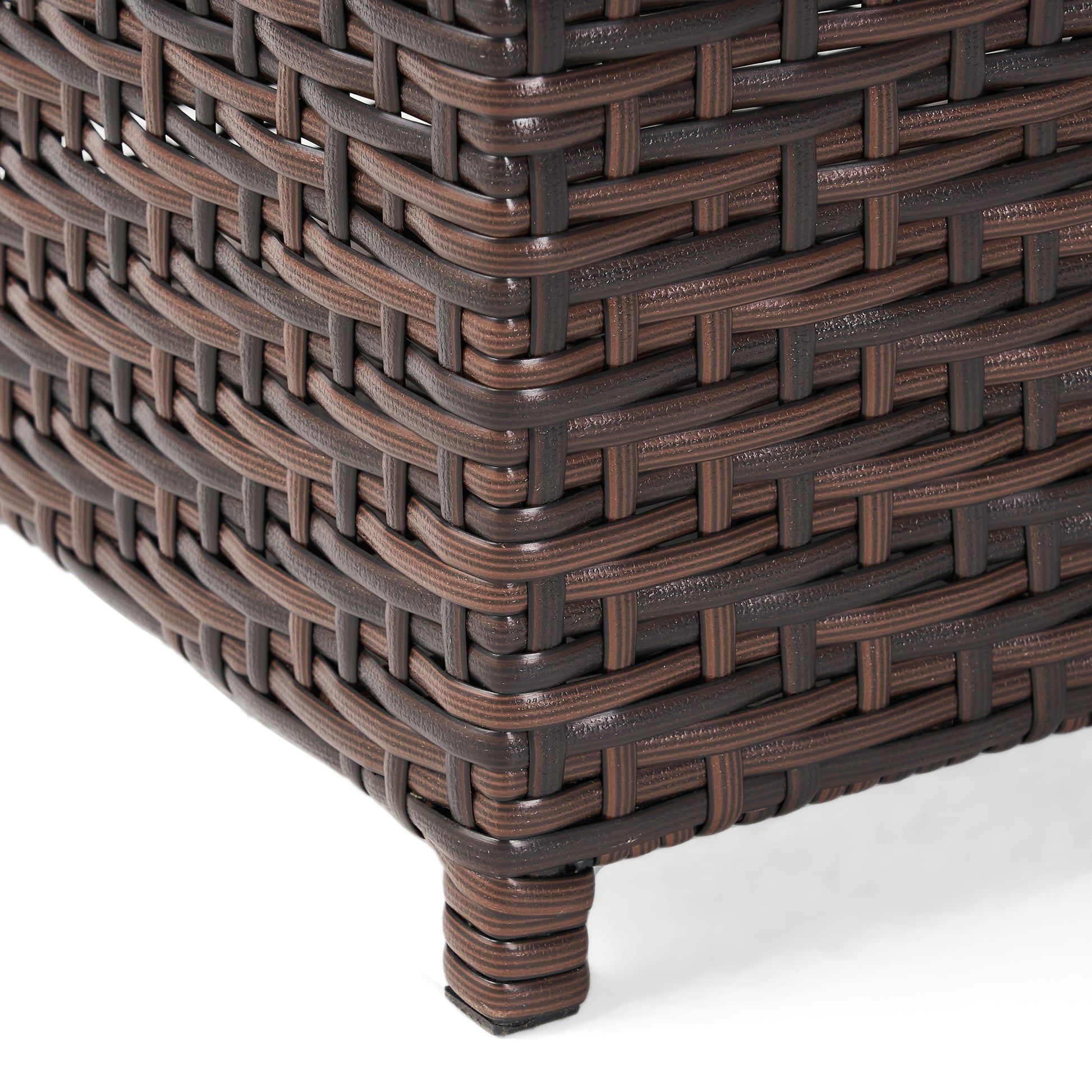 Closeup of dark brown wicker weave on outdoor furniture